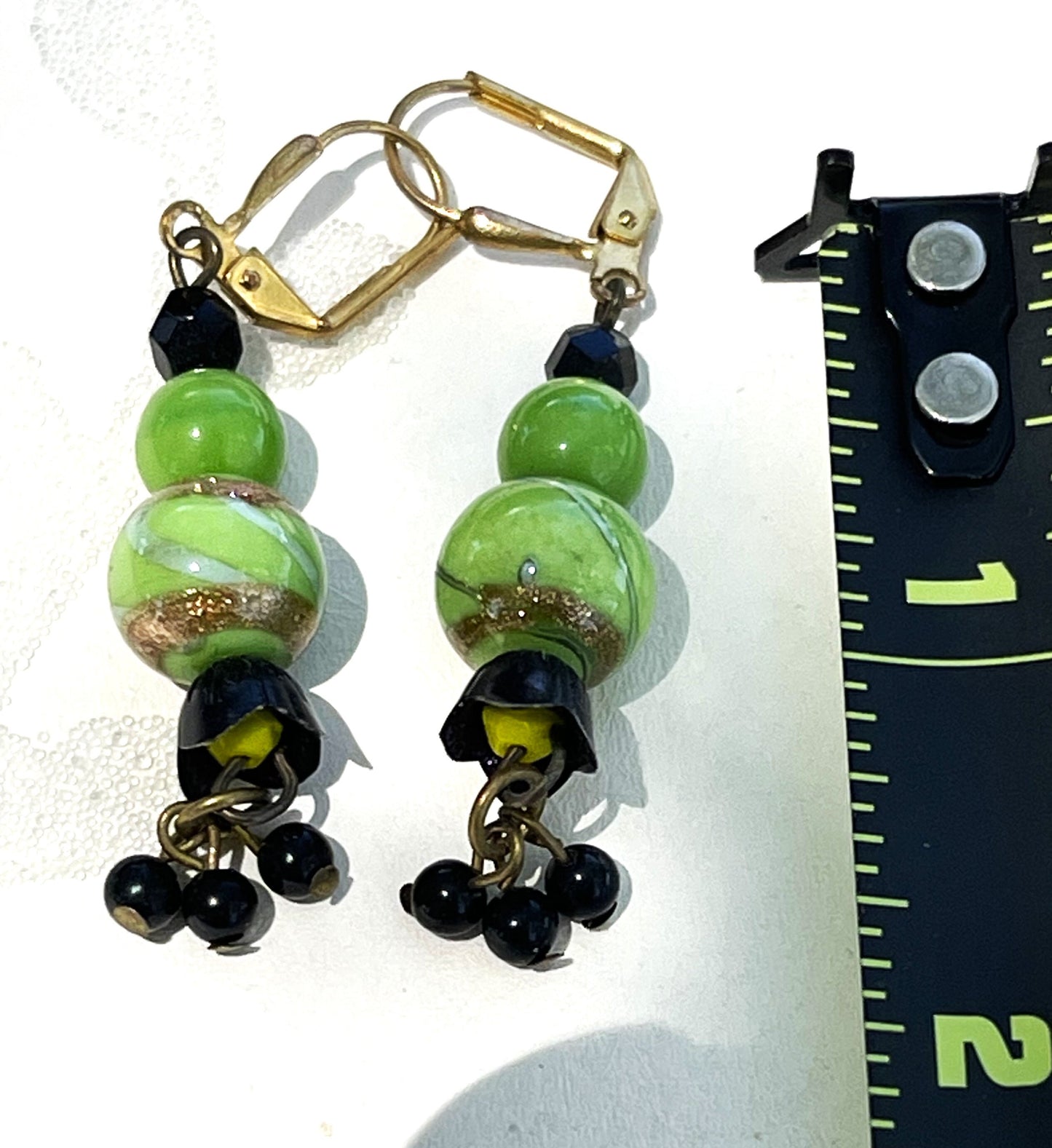Glass vintage Earrings, Green Glass, and gold swirls. Hypoallergenic French Earring Hooks Gold Plated Brass