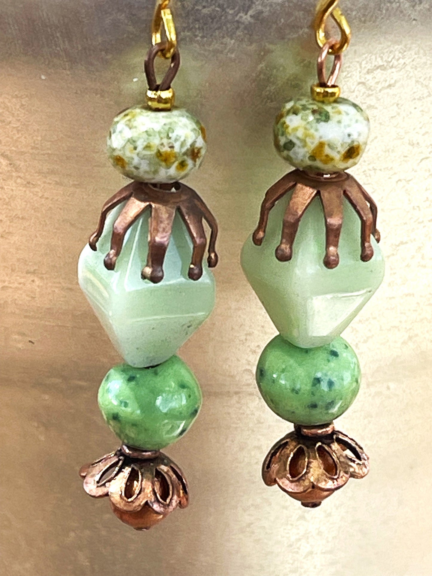 Vintage Green Glass and Copper Metal Earrings. Hypoallergenic French Earring Hooks, Gold Plated Wire.