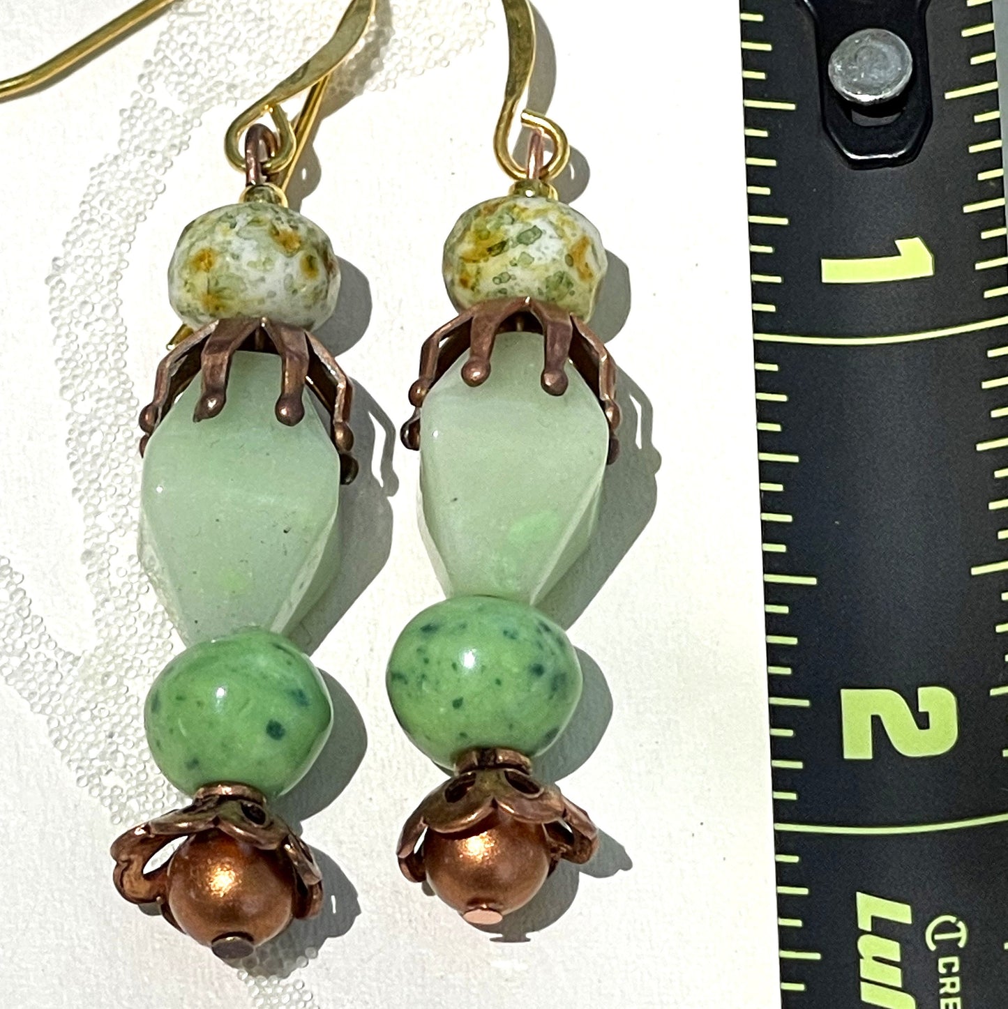 Vintage Green Glass and Copper Metal Earrings. Hypoallergenic French Earring Hooks, Gold Plated Wire.