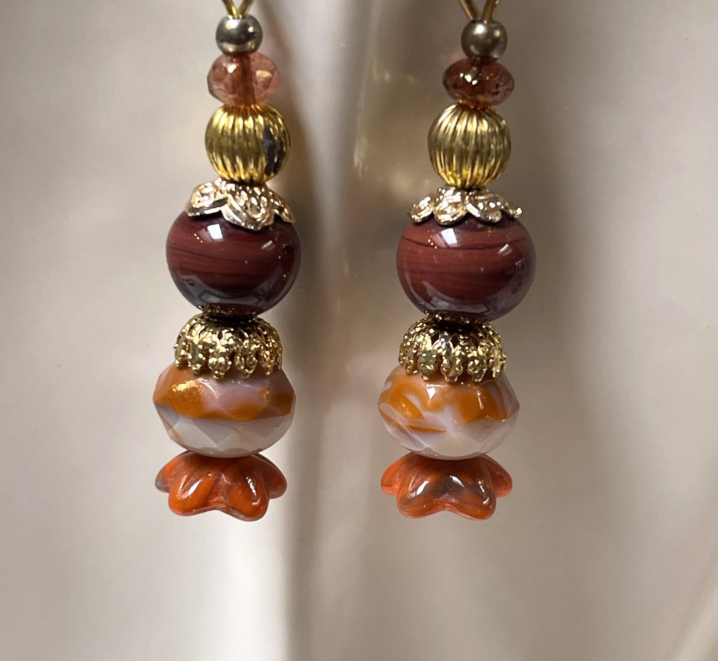 Warm Orange, Gold and Brown Glass earrings. Hypoallergenic French Earring Hooks, Gold Plated Wire.