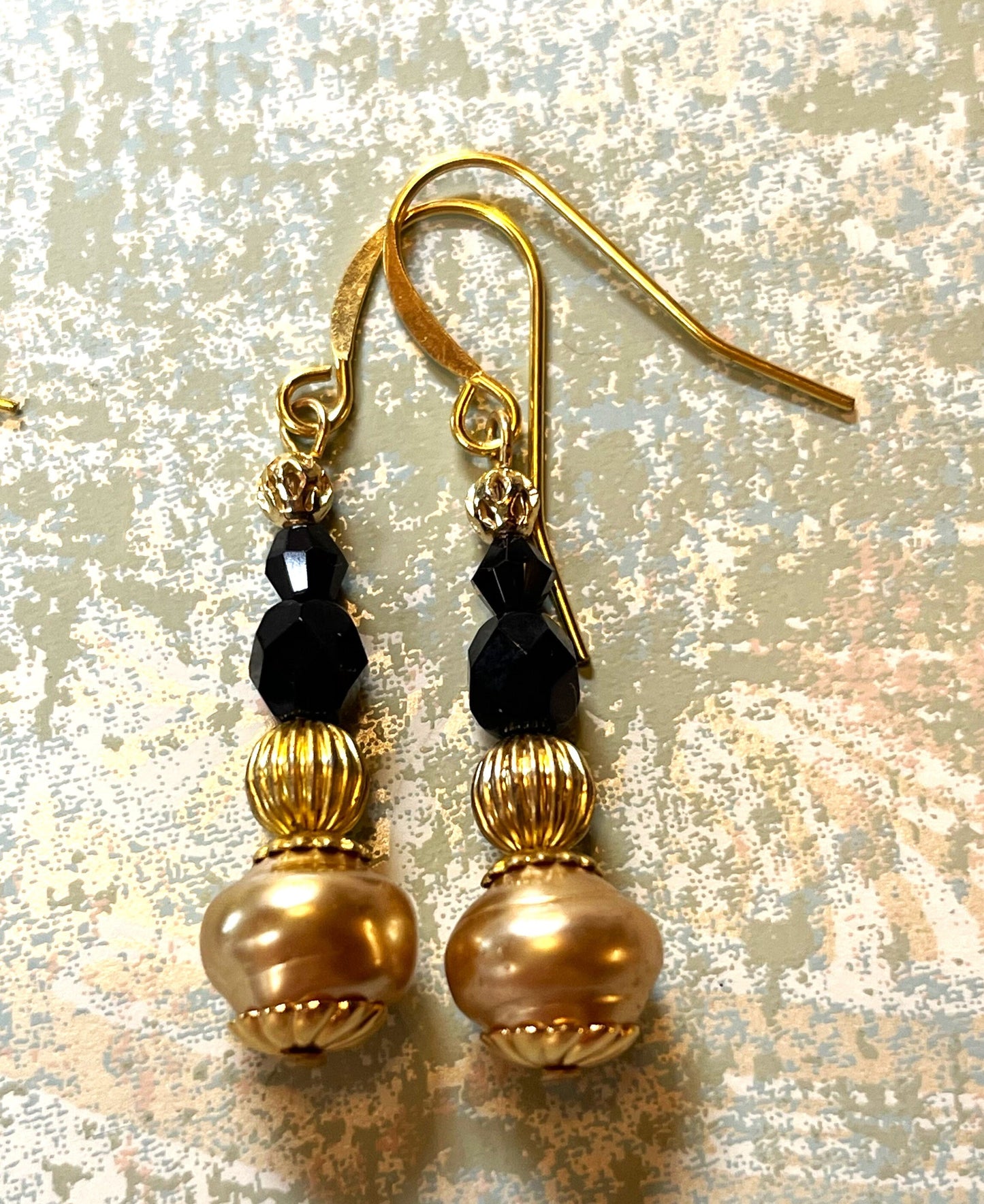 Black Czech Glass with Vintage Champagne Glass Pearls, Gold plate Metal.l. Hypoallergenic French Earring Hooks, Gold Plated Wire.