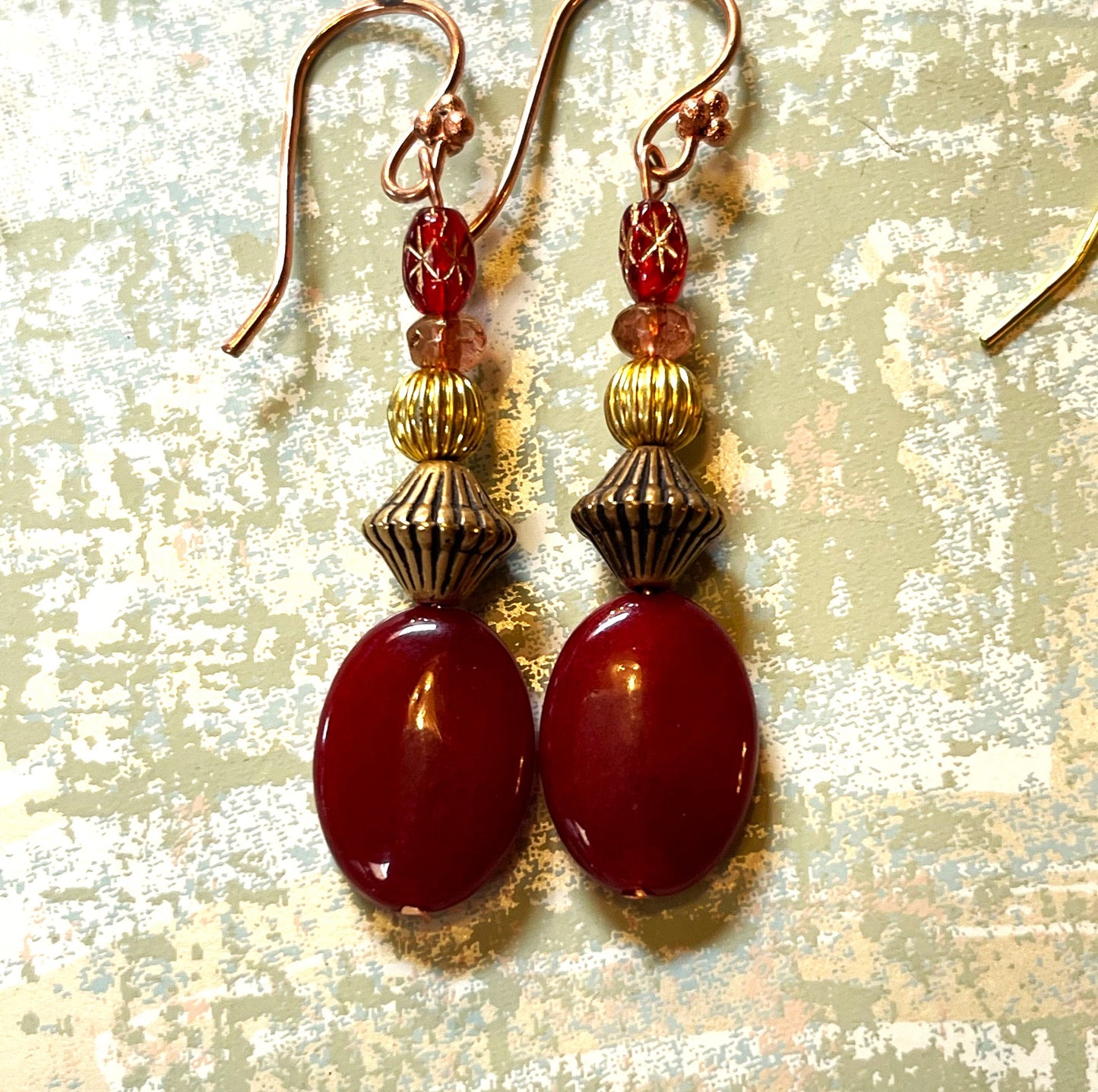 Carnelian Earrings, Small Vintage Red Star Beads, Hypoallergenic French Earring Hooks, Gold Plated Wire.