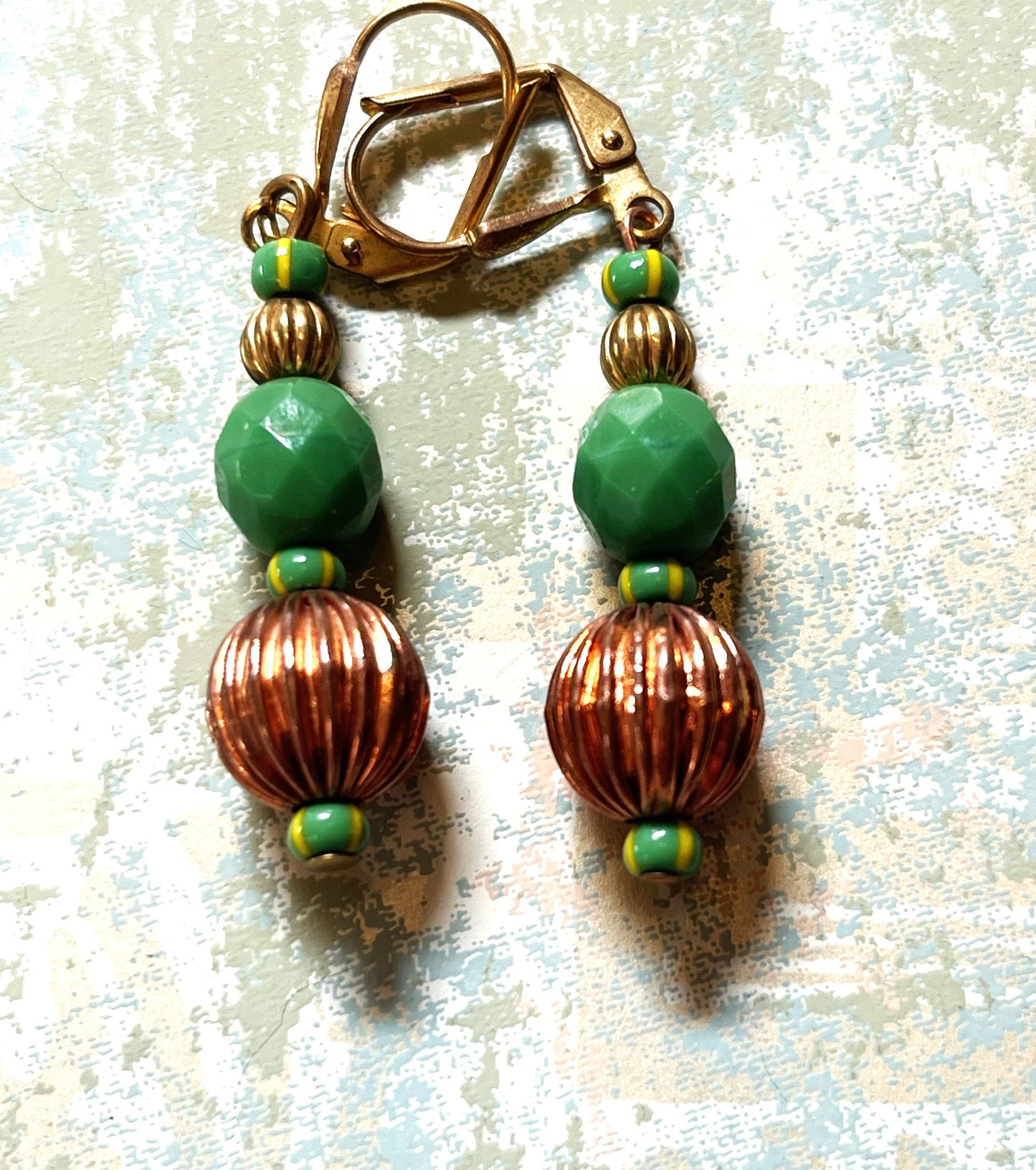 Green Cherry Brand Glass and Vintage Copper Metal. One Age Spot on Copper. Hypoallergenic French Earring Hooks, Gold Plated Wire.