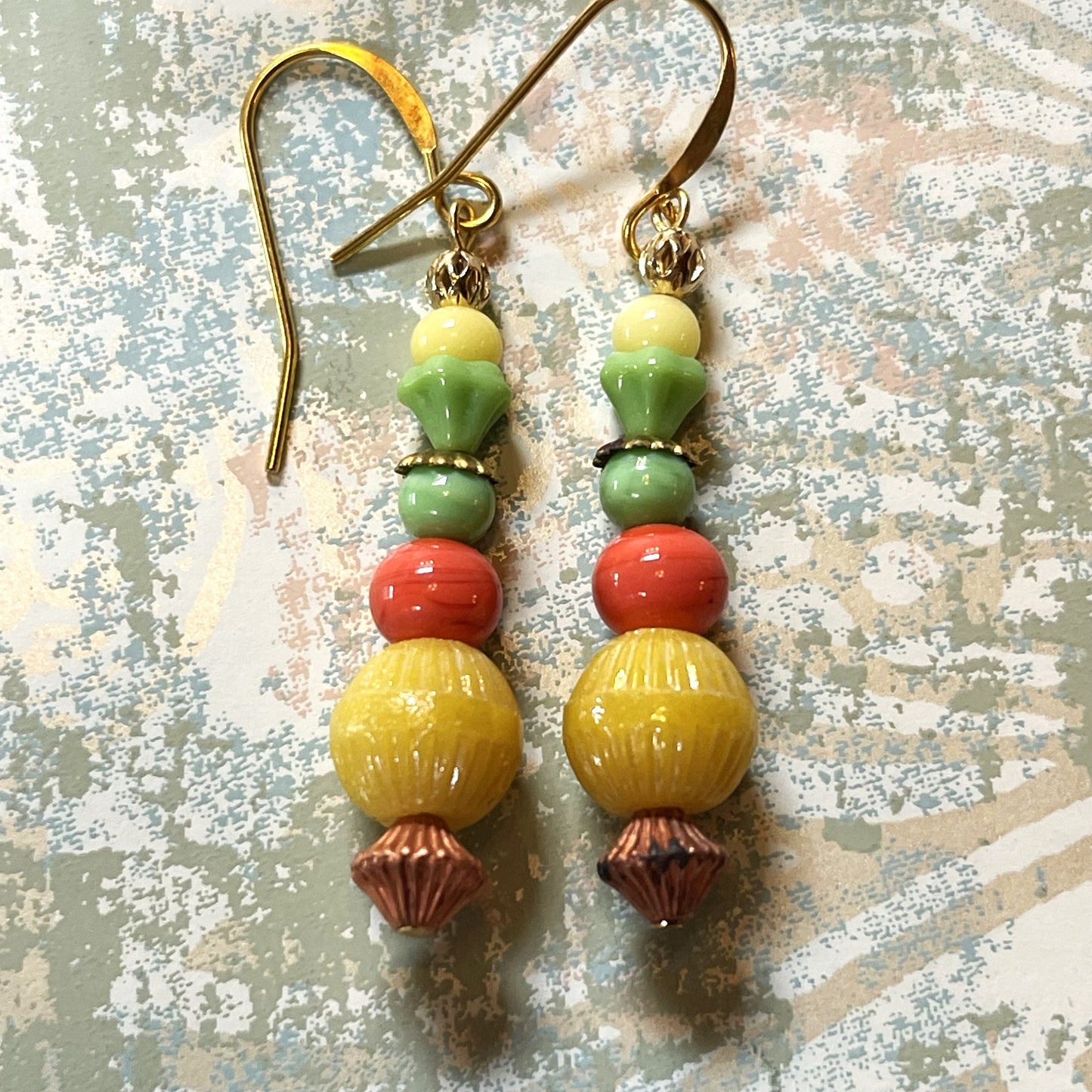 Lovely Golden Yellow, Coral, and Green Czech Glass Earrings. Hypoallergenic French Earring Hooks, Gold Plated Wire.