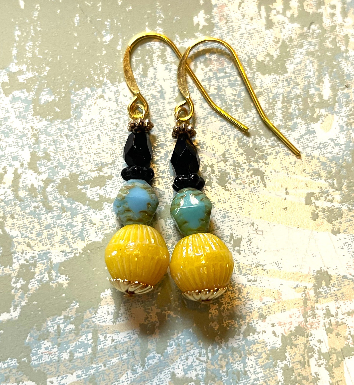 Golden Yellow Vintage Glass with Black, and Blue Czech Glass. Hypoallergenic French Earring Hooks, Gold Plated Wire.
