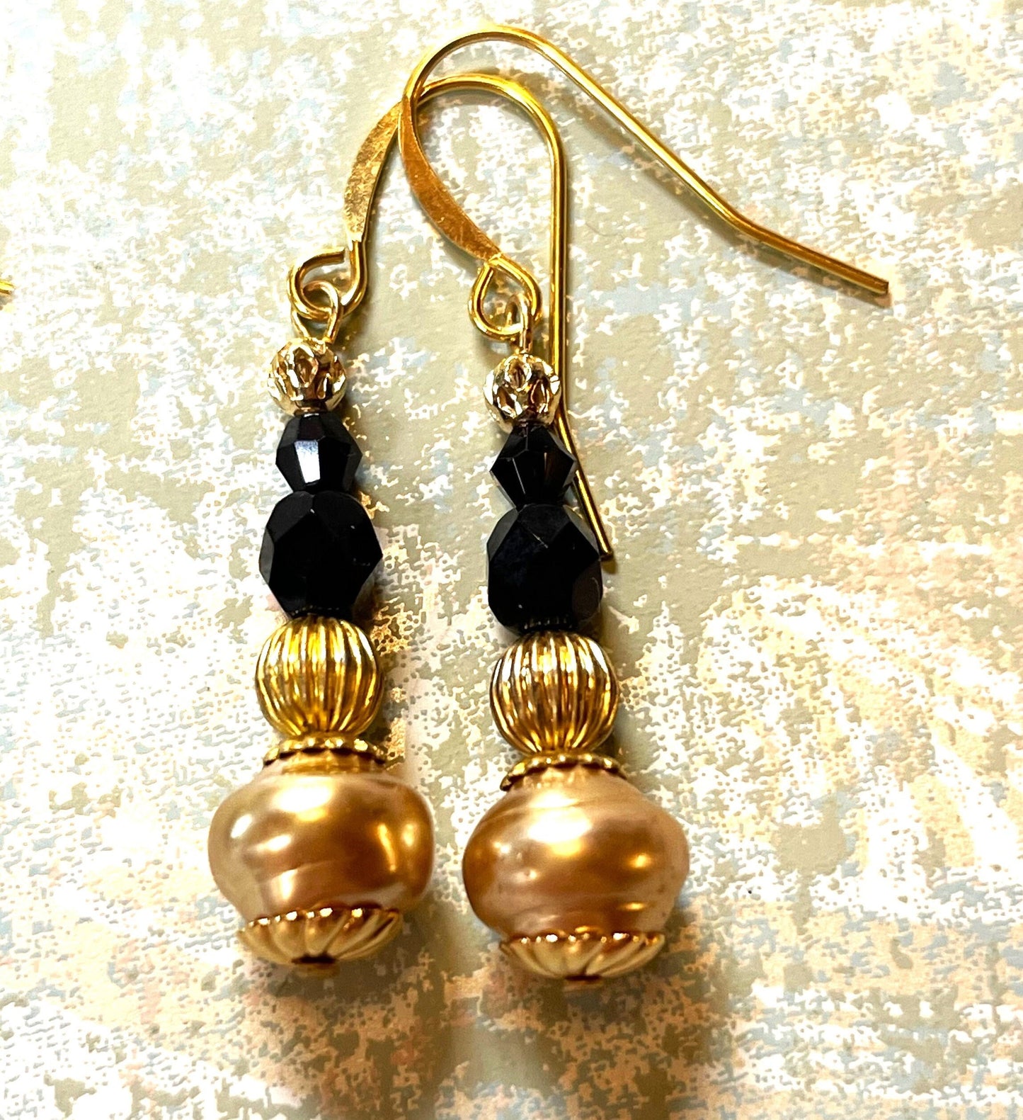 Black Czech Glass with Vintage Champagne Glass Pearls, Gold plate Metal.l. Hypoallergenic French Earring Hooks, Gold Plated Wire.