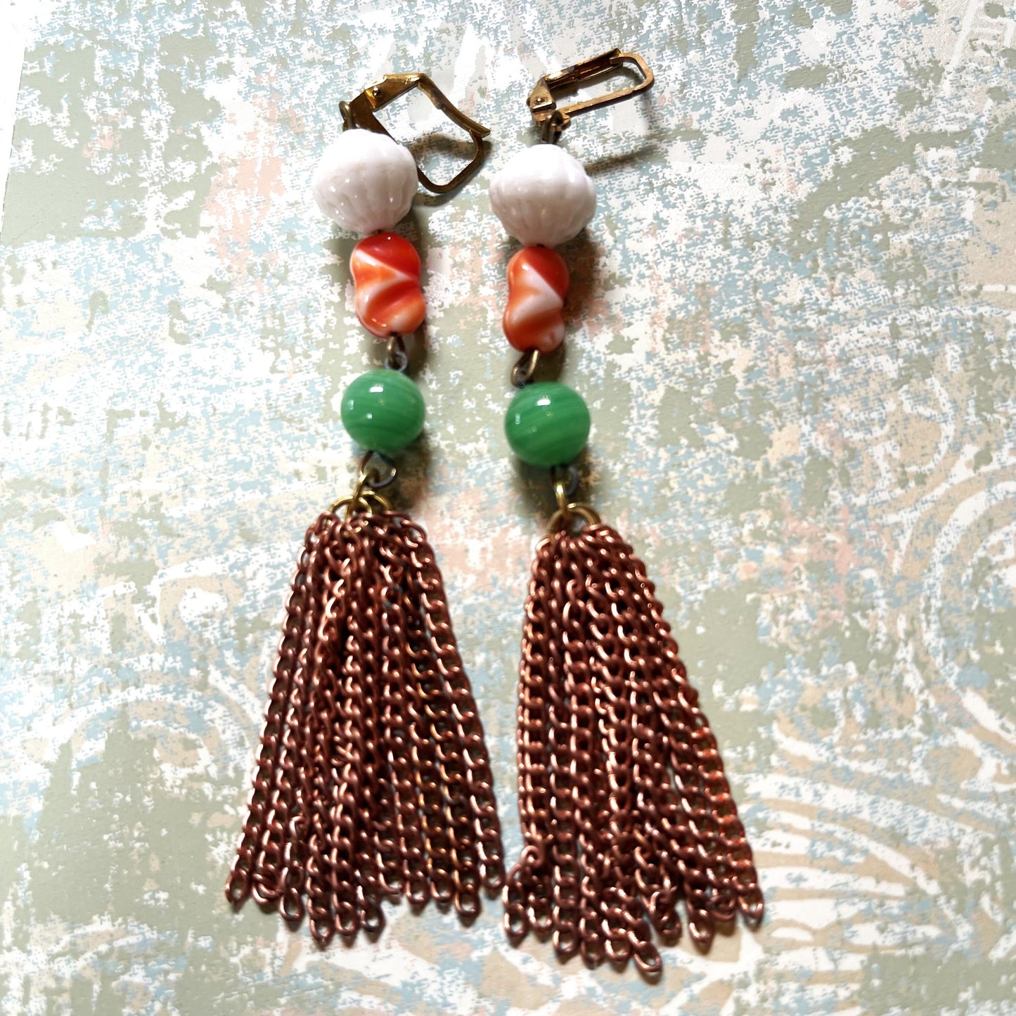 Vintage Orange White and Green Glass. Handmade Earrings. Tassels Are Vintage Copper Chain . Brass Ear Wires