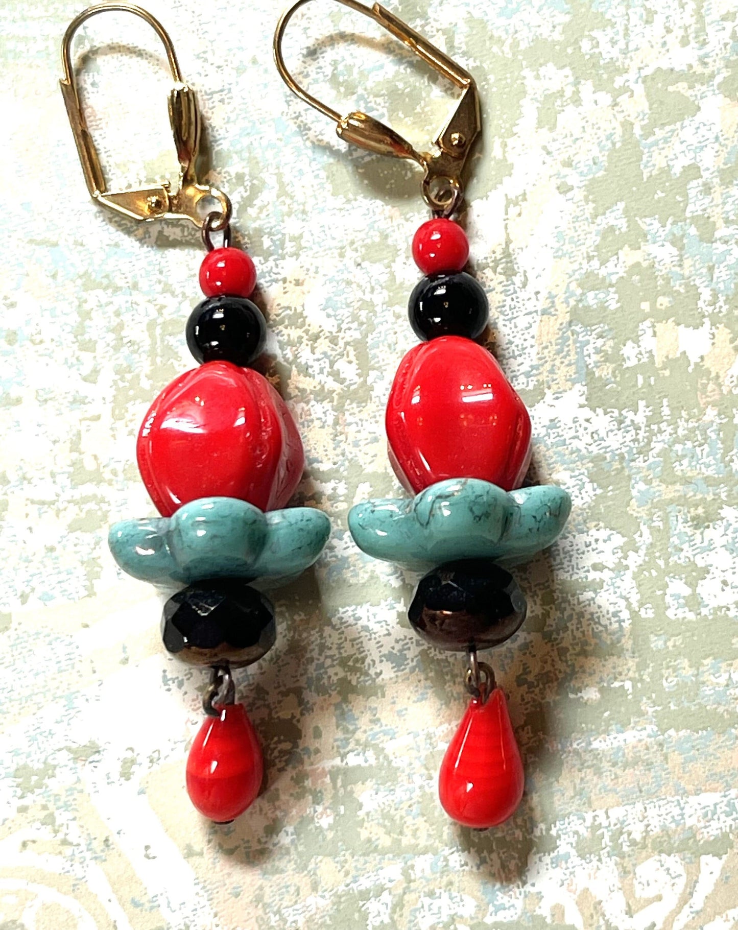 Earrings, Vintage Red, Turquoise Flowers and Black Glass with Red Glass Drops. Hypoallergenic French Earring Hooks, Gold Plated Wire.
