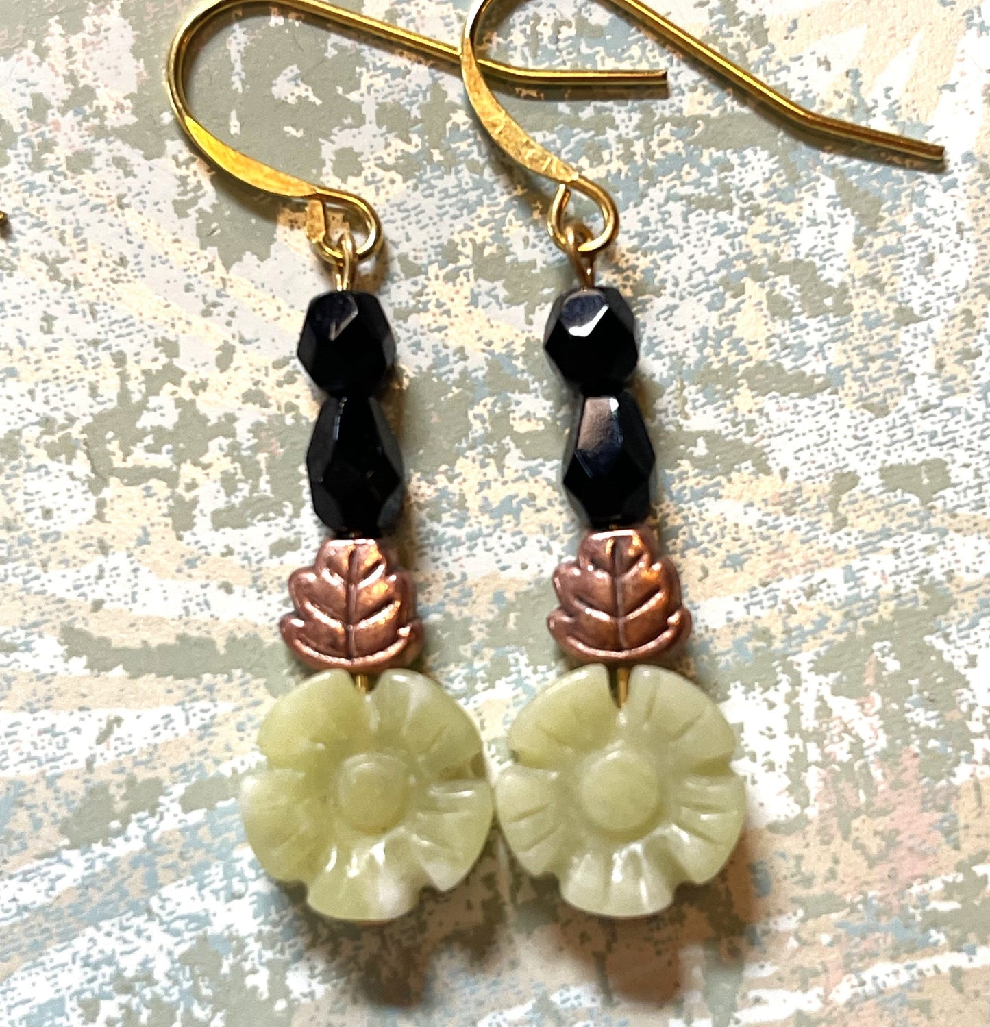 Light Green Flowers with Black Czech Glass Beads Flower Beads with Copper Metal. Hypoallergenic French Earring Hooks, Gold Plated Wire. e