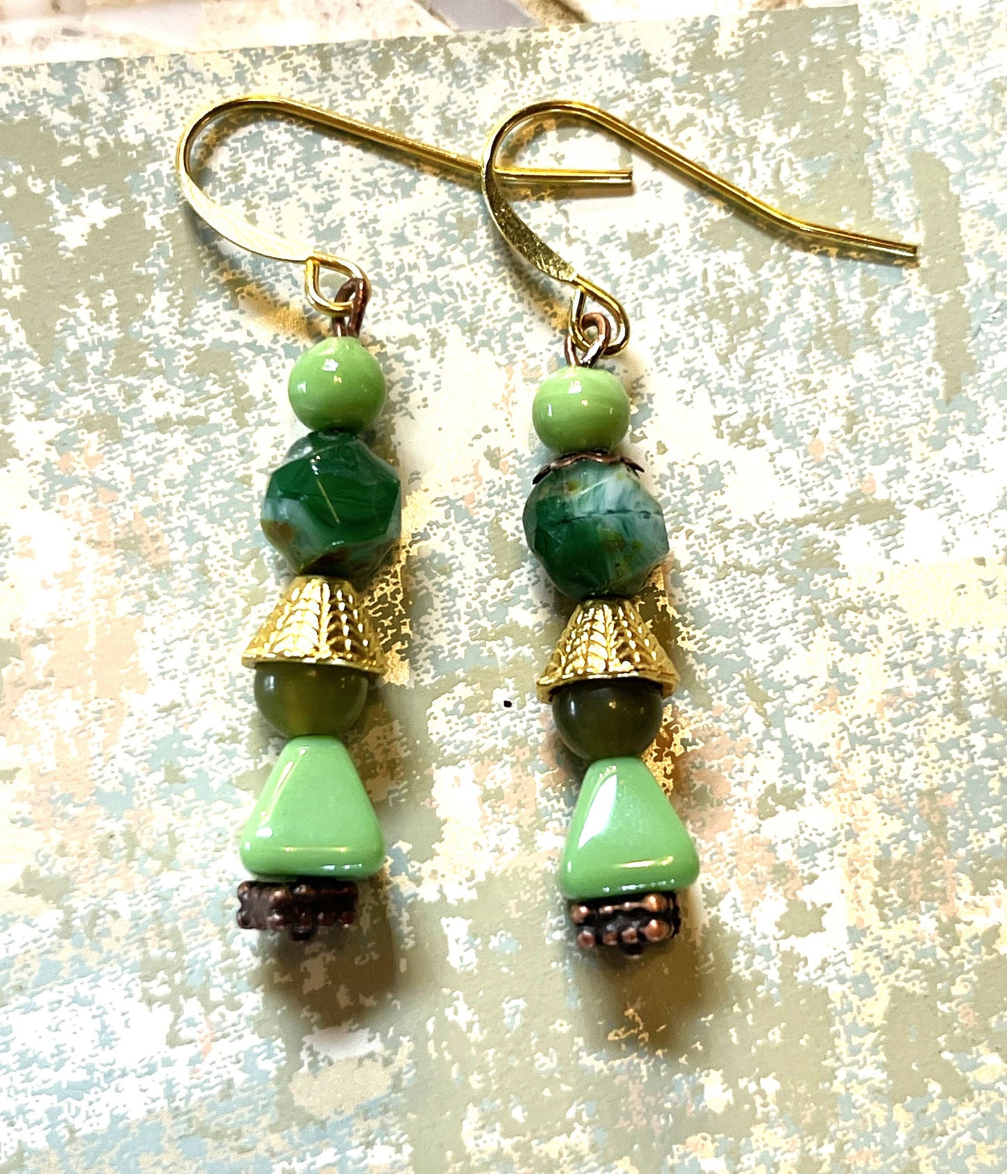 Vintage Green Pyramid beads with Jade Glass and Gold Metal. Hypoallergenic French Earring Hooks, Gold Plated Wire.