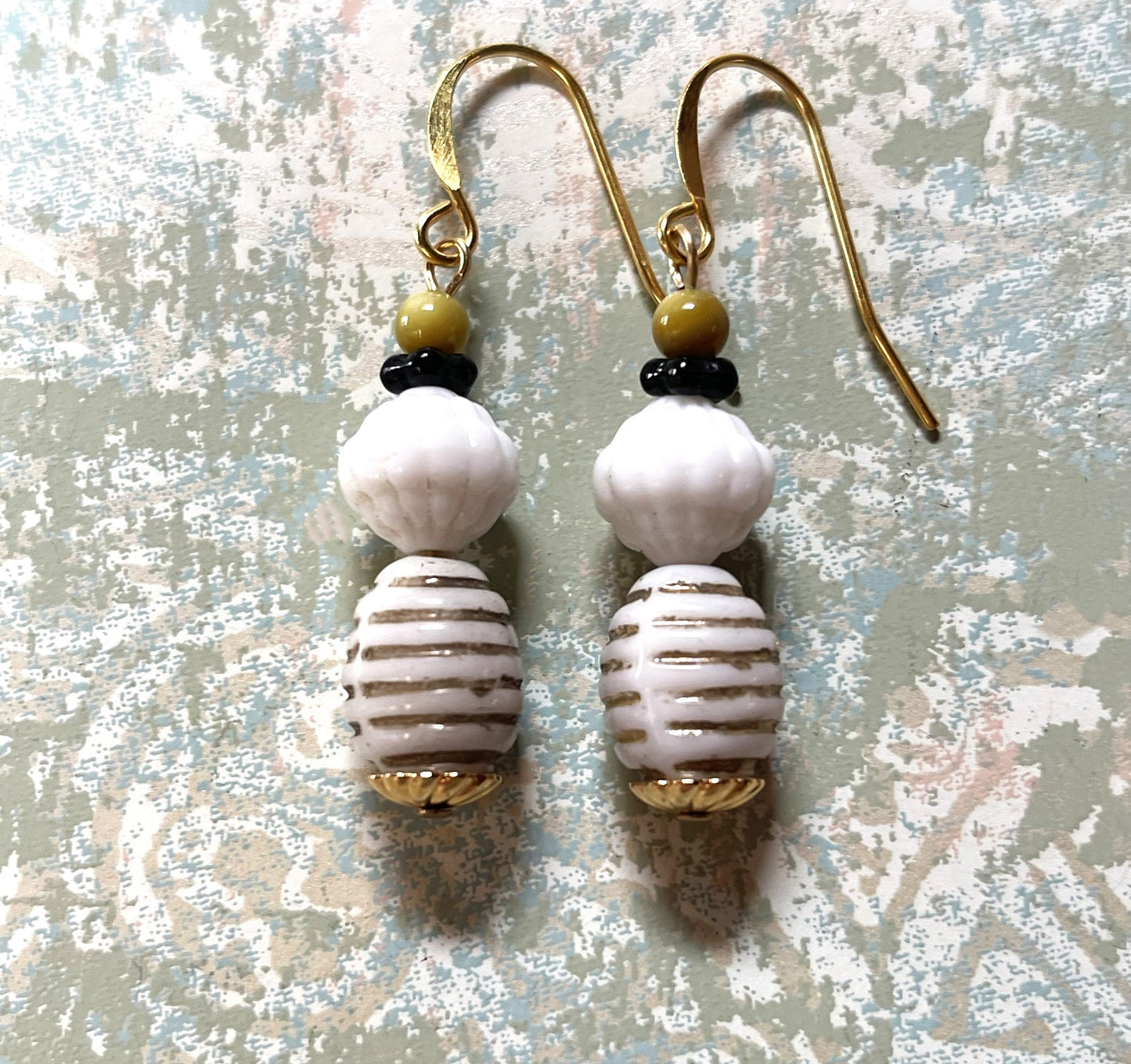 White Striped Gold Glassearrings, with Gold Metal Findings. Hypoallergenic French Earring Hooks, Gold Plated Wire.