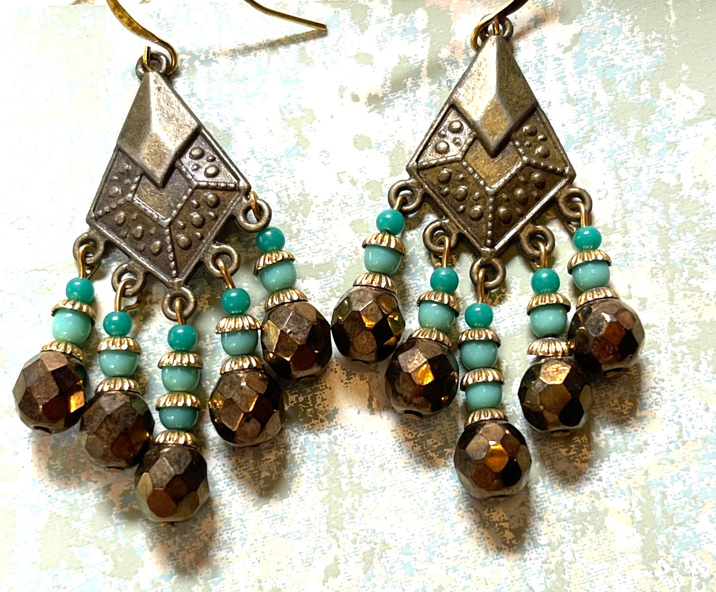Blue, Bronze, and Gold Czech Glass Deco-Style Earrings. Hypoallergenic French Earring Hooks, Gold Plated Wire.