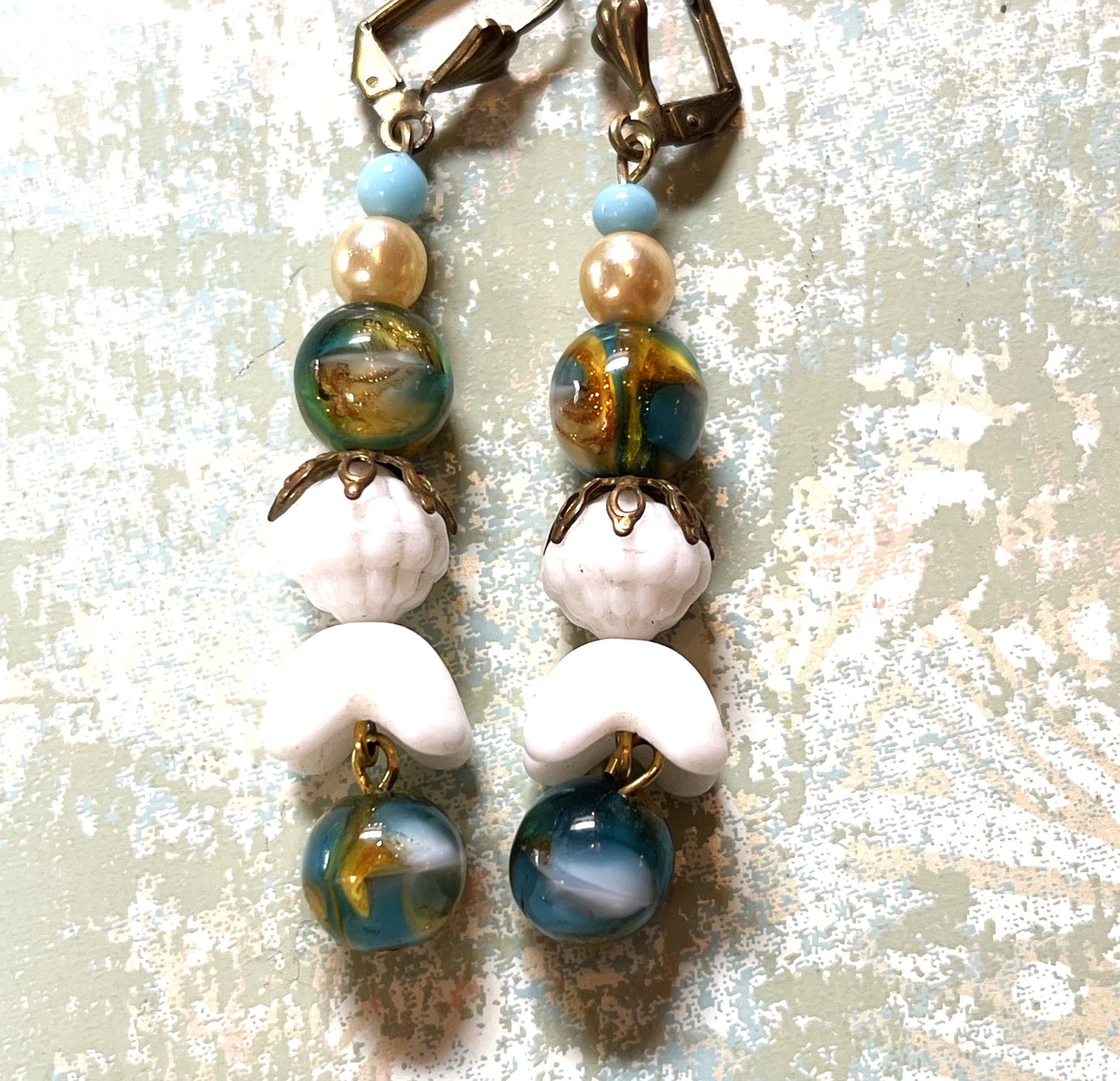 Lovely Marbled Green and white Vintage Glass Bead Earrings With White Flowers. Hypoallergenic French Earring Hooks, Gold Plated Wire.