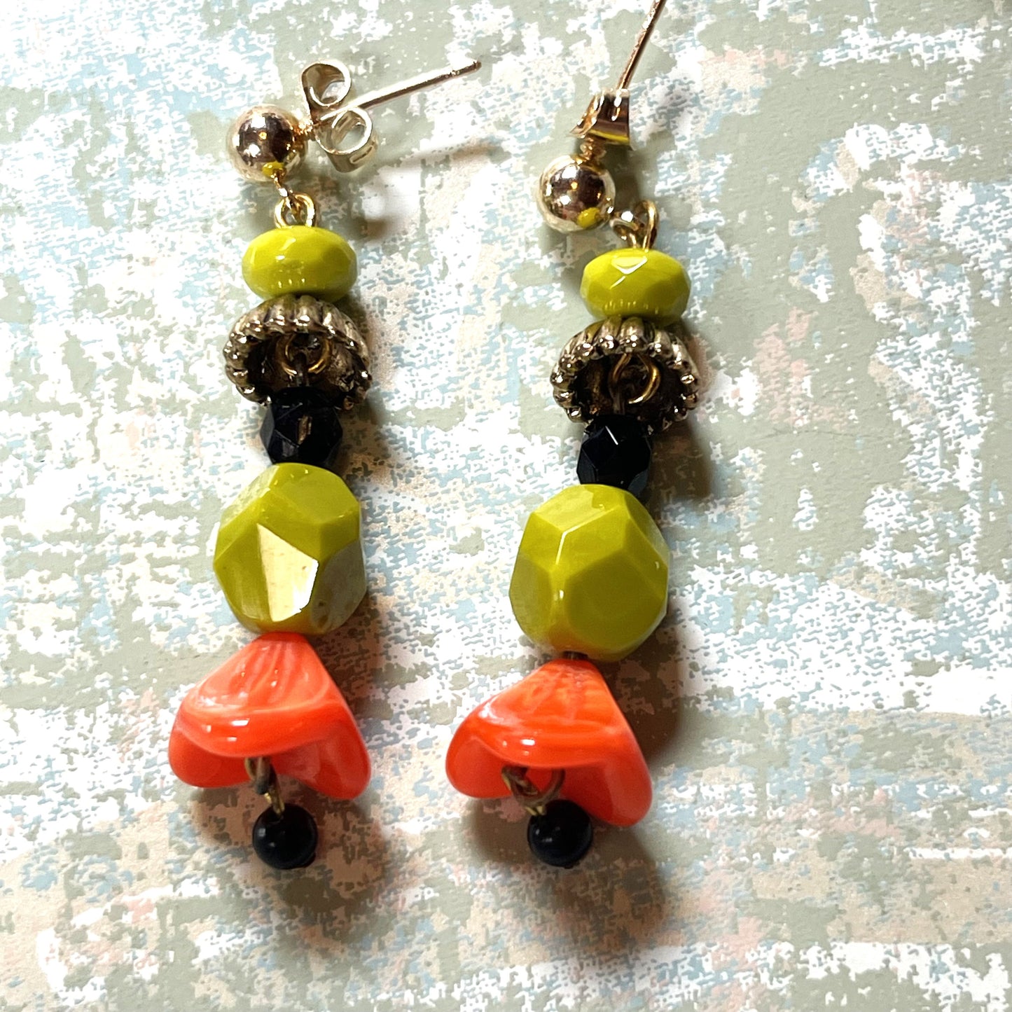 Green Apple and Orange Czech Glass Earrings. Hypoallergenic Post Earring Wire Gold Plated Brass