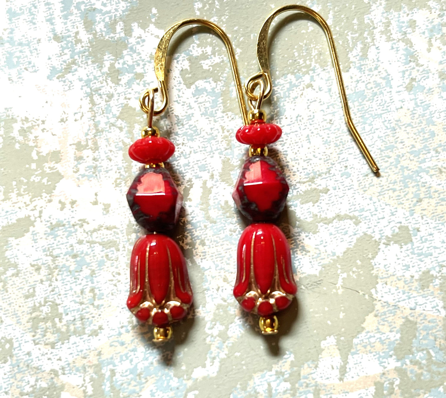 Glass Bohemian Earrings, Red Czech Glass. Hypoallergenic French Earring Hooks, Gold Plated Wire..