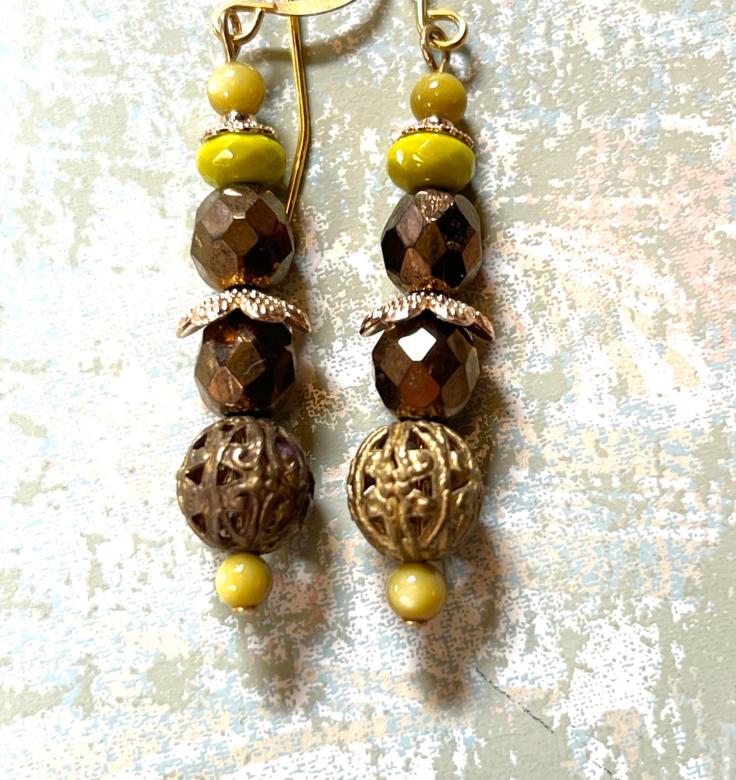 Vintage Glass Bead Earrings, Vintage Brass with Apple Green and Bronze Czech Glass. The green looks yellow in the photo.