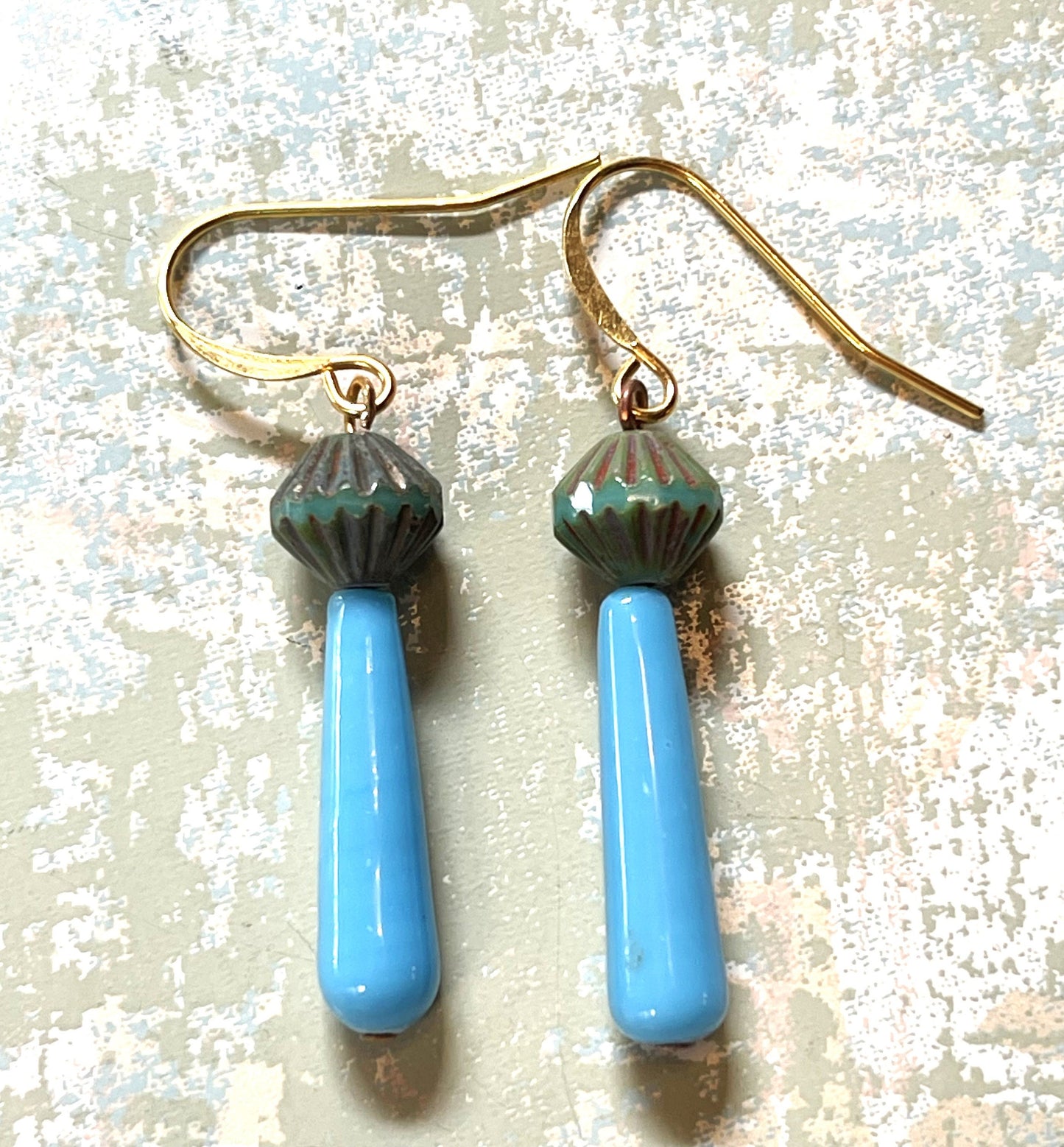 Vintage Glass Bead Earrings, Vintage Blue Glass with Czech Glass. Hypoallergenic French Earring Hooks, Gold Plated Wire.