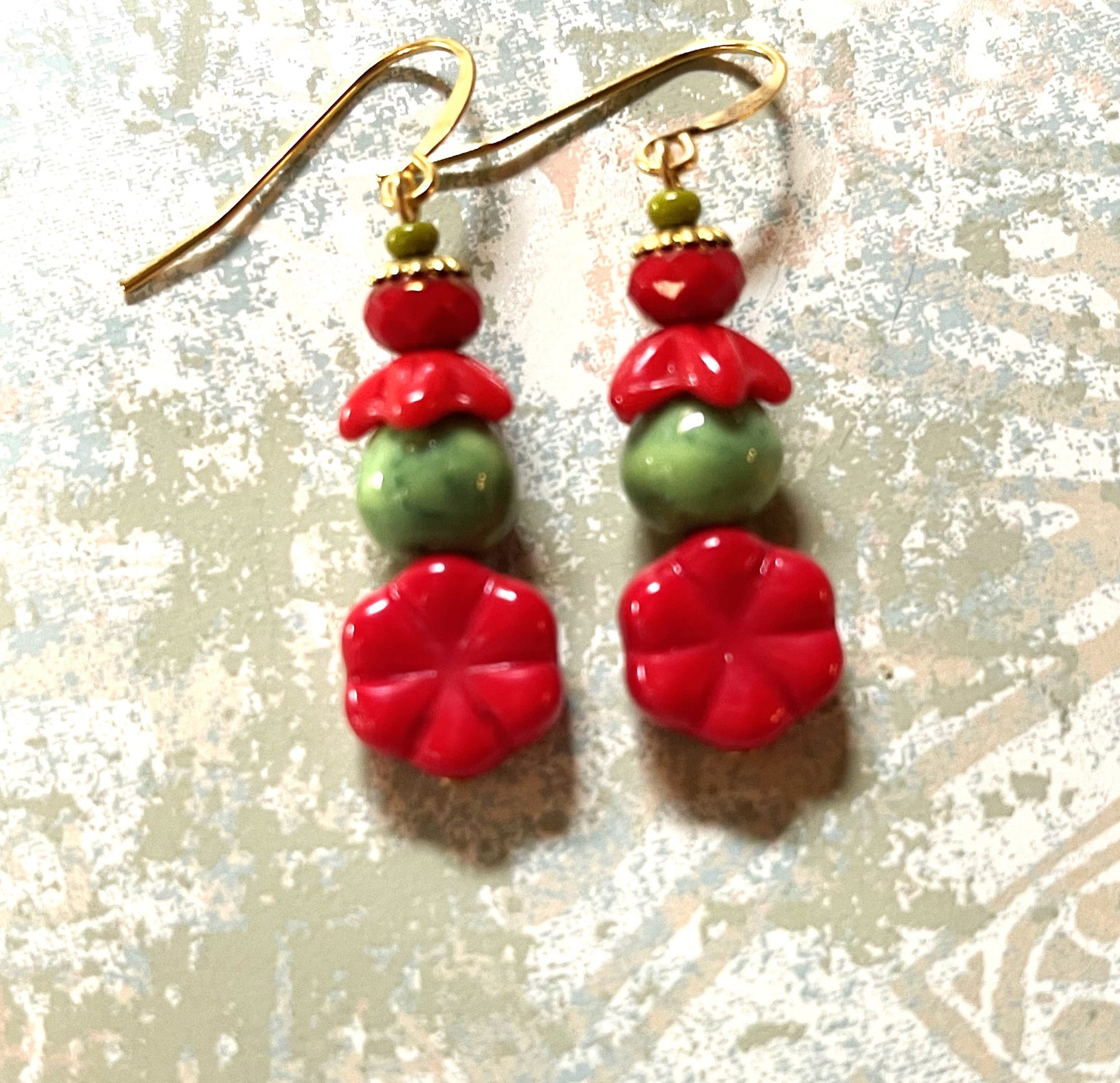 Vintage Glass Bead Earrings, Vintage Green and Red Glass. Hypoallergenic French Earring Hooks, Gold Plated Wire.