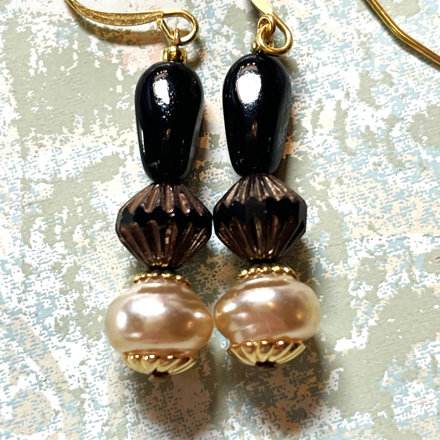 Vintage Glass Bead Earrings, Vintage Glass Pearls, and Black Glass. Hypoallergenic French Earring Hooks, Gold Plated Wire..