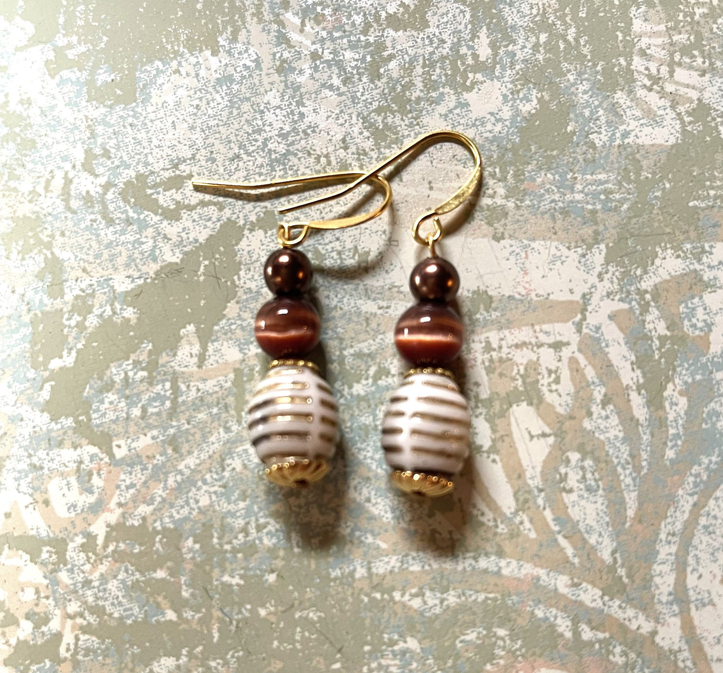 Glass Bohemian Earrings, Vintage White Gold Striped Beads, and Brown Glass. Hypoallergenic French Earring Hooks, Gold Plated Wire..