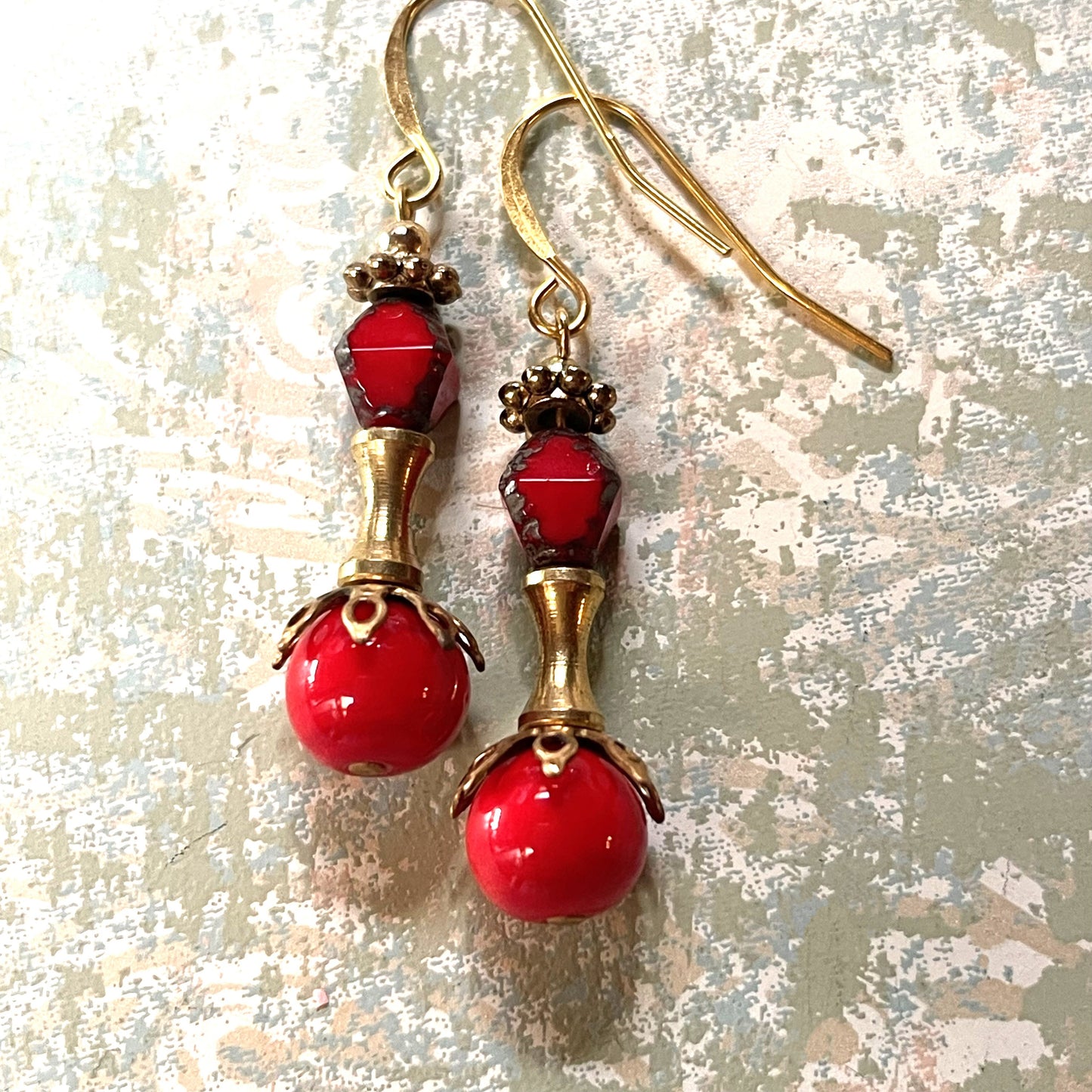 Red Glass with Gold Metal Earrings. Hypoallergenic French Earring Hooks, Gold Plated Wire..