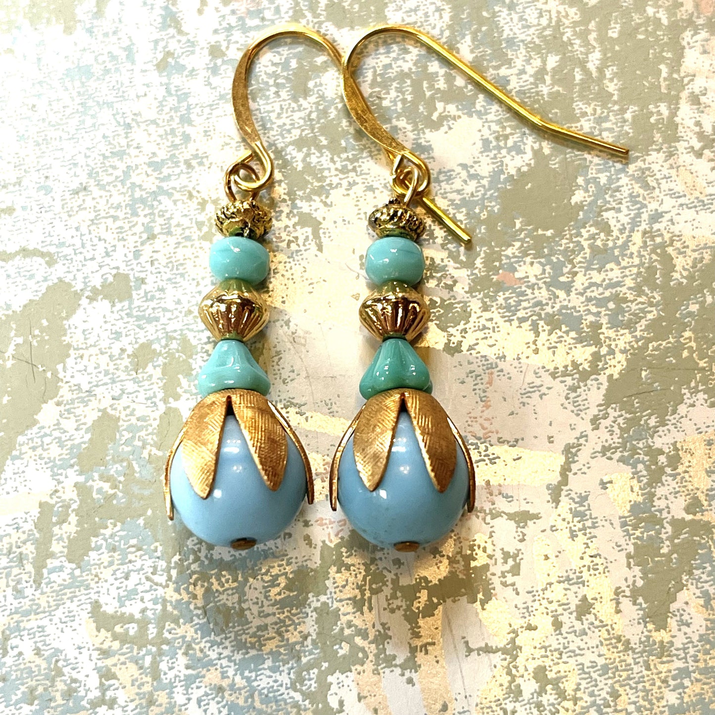 Vintage Turquoise Blue Glass with Gold Vintage Brass Bead Caps. Hypoallergenic French Earring Hooks, Gold Plated Wire..