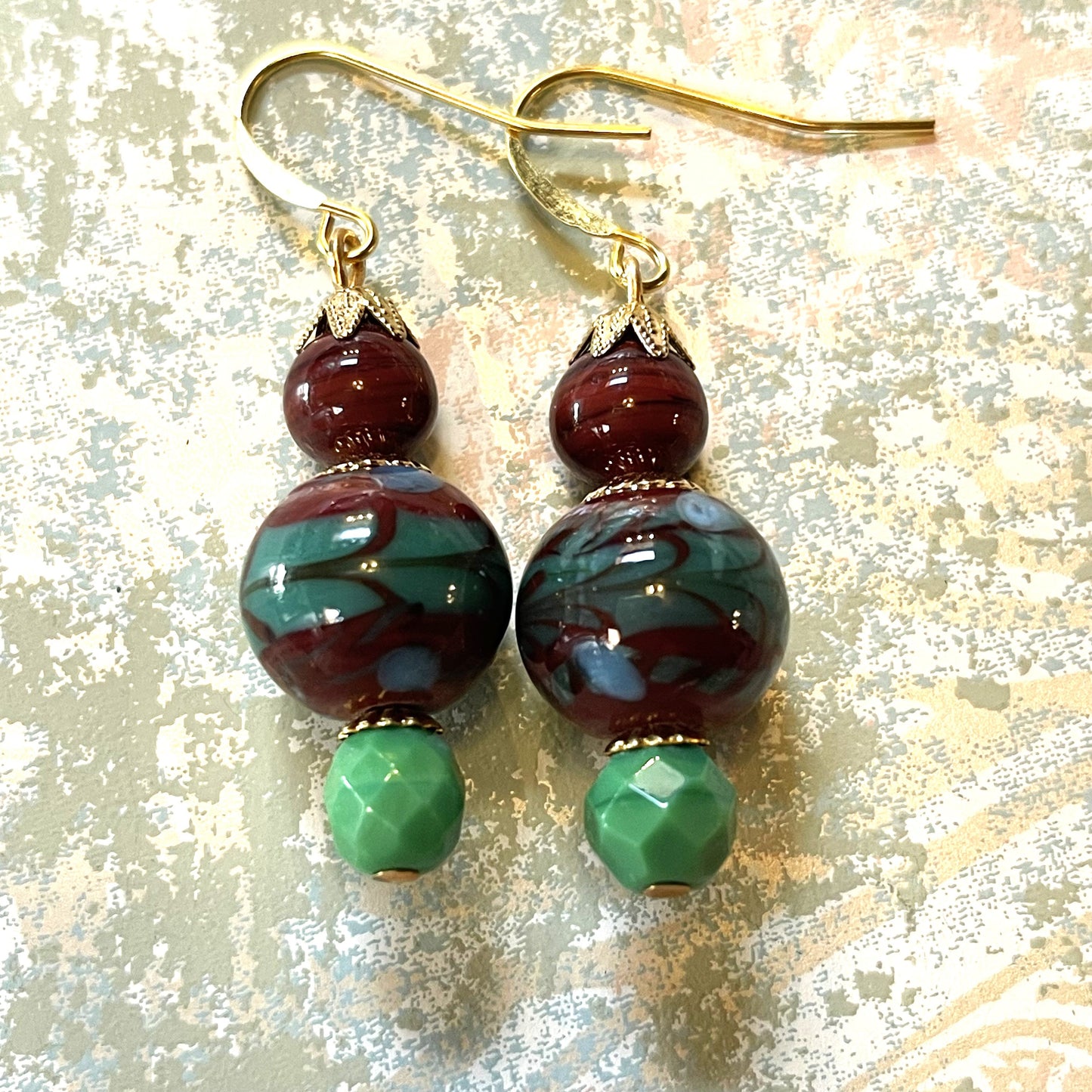 Vintage Glass Bead Earrings, Green Blue, and Dark Red Vintage Glass. Hypoallergenic French Earring Hooks, Gold Plated Wire.