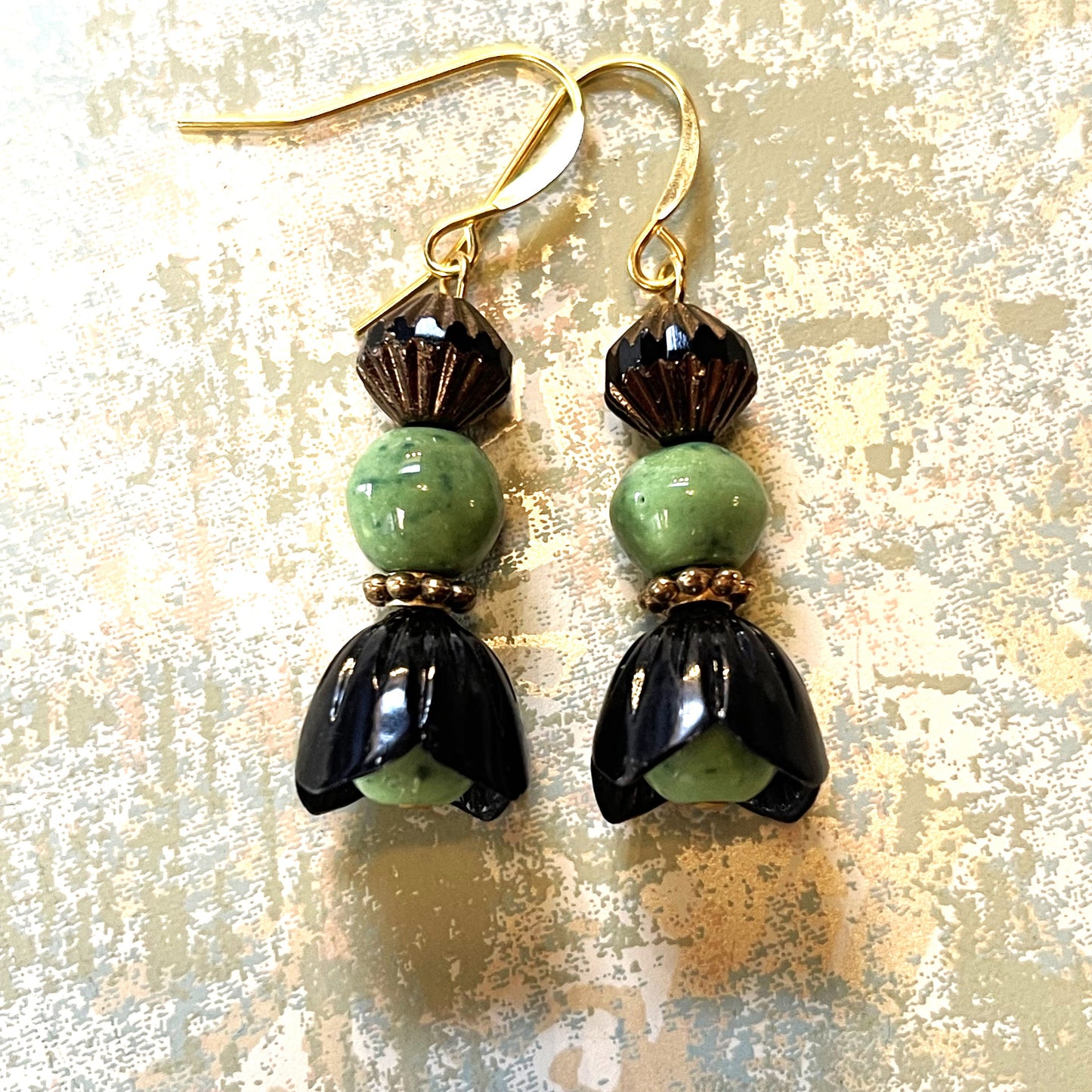Vintage Earrings, Black, Green Glass With Vintage Plastic Flowers. Hypoallergenic French Earring Hooks, Gold Plated Wire