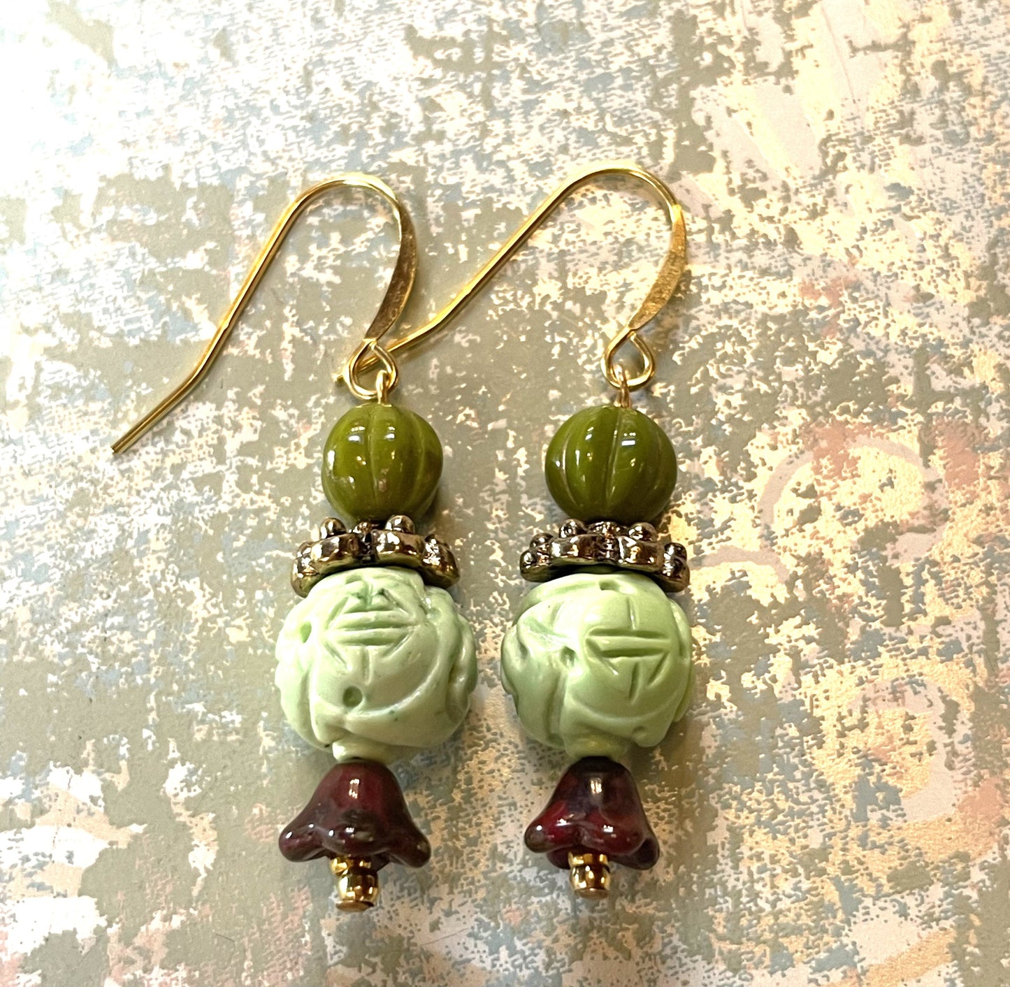 Vintage Glass Bead Earrings, Carved Green Vintage beads. Hypoallergenic French Earring Hooks, Gold Plated Wire..