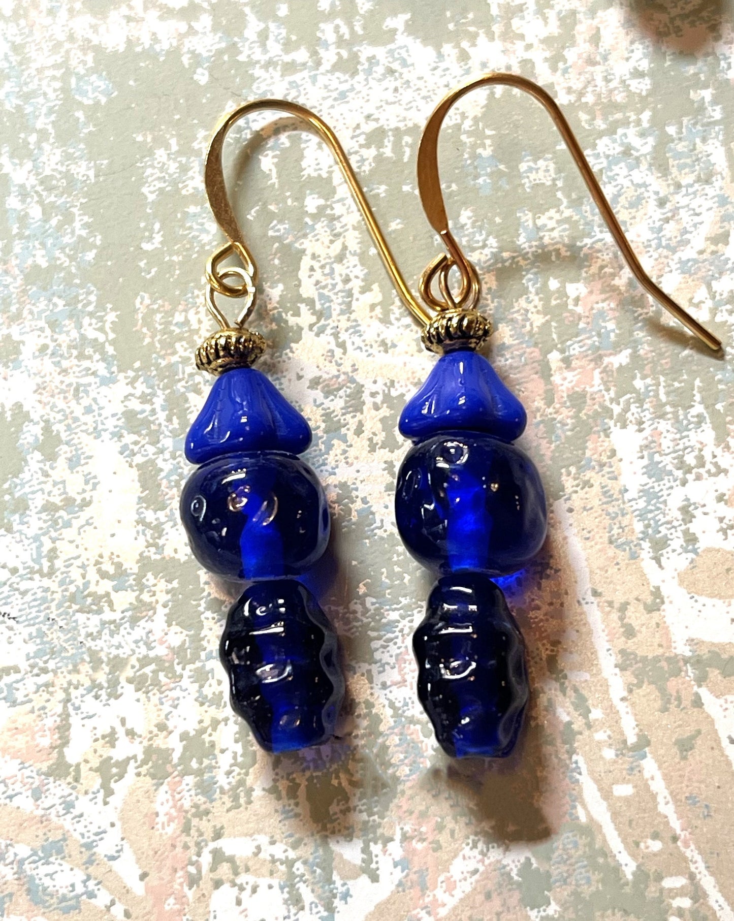 Vintage Earrings, Blue Vintage Czech Glass With brass Metal. Hypoallergenic French Earring Hooks, Gold Plated Wire