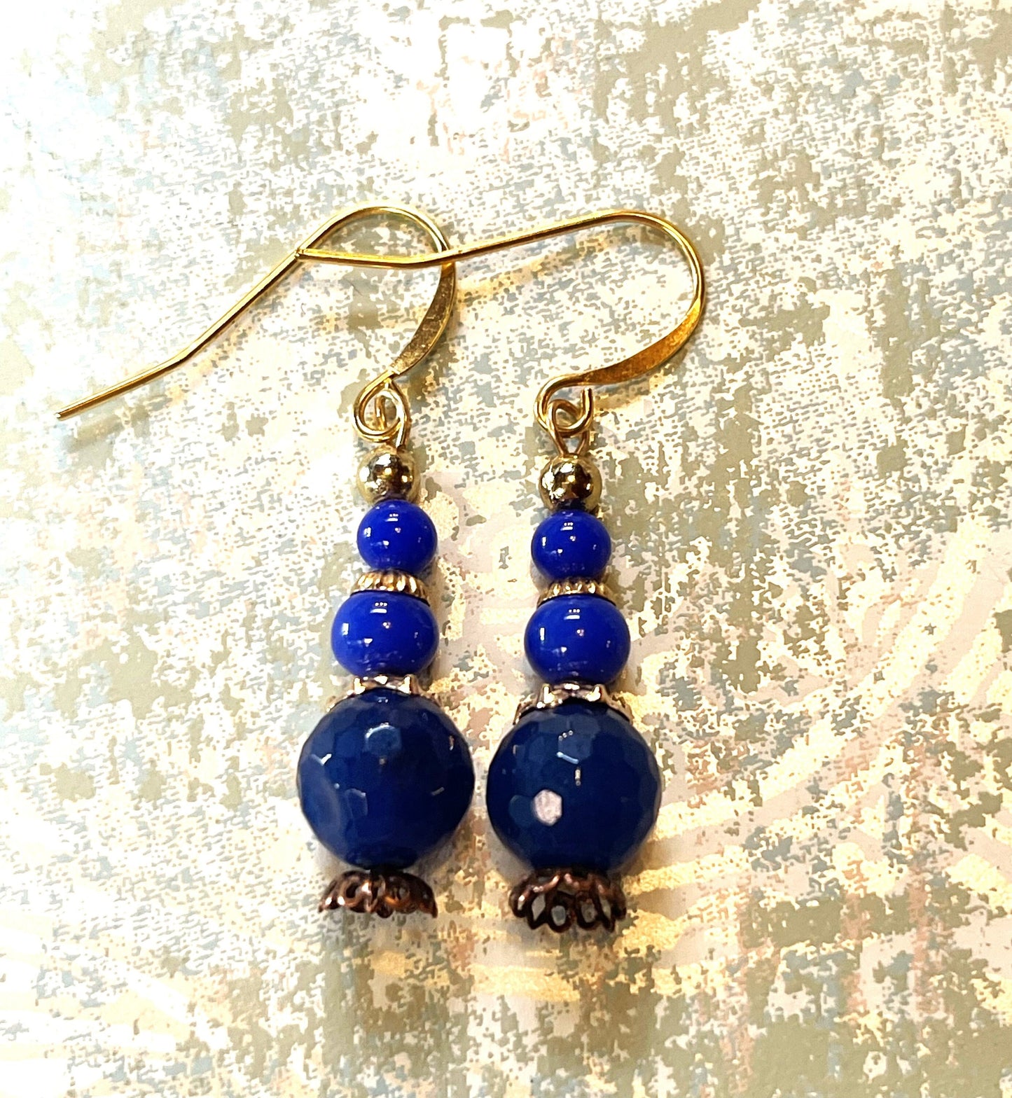 Vintage Earrings, Blue Vintage Czech Glass With brass Metal. Hypoallergenic French Earring Hooks, Gold Plated Wire