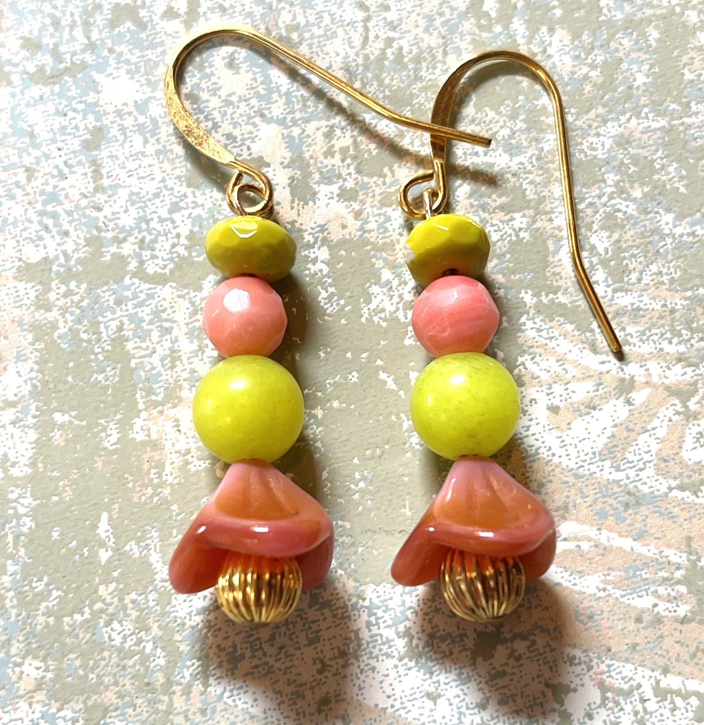 Vintage Flower Earrings, Green with pink Czech Glass. Hypoallergenic French Earring Hooks, Gold Plated Wire