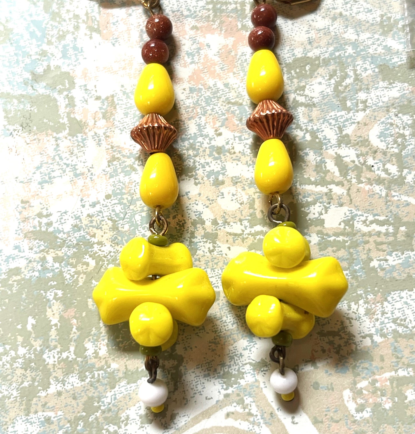 Vintage Earrings, Yellow and copper, Czech glass,Hypoallergenic French Earring Hooks, Gold Plated Wire