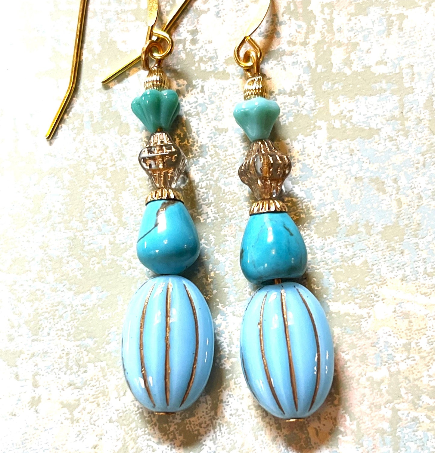 Premium Vintage Earrings, Blue Vintage Glass With brass Metal. Hypoallergenic French Earring Hooks, Gold Plated Wire