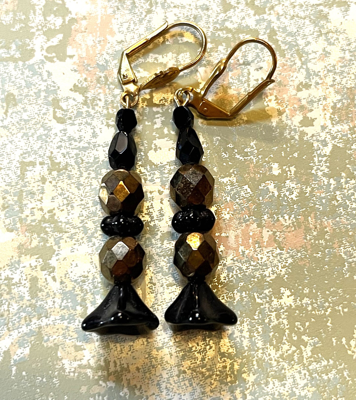 Black flowers with bronze Czech glass Earrings. Hypoallergenic French Earring Hooks, Gold Plated Wire
