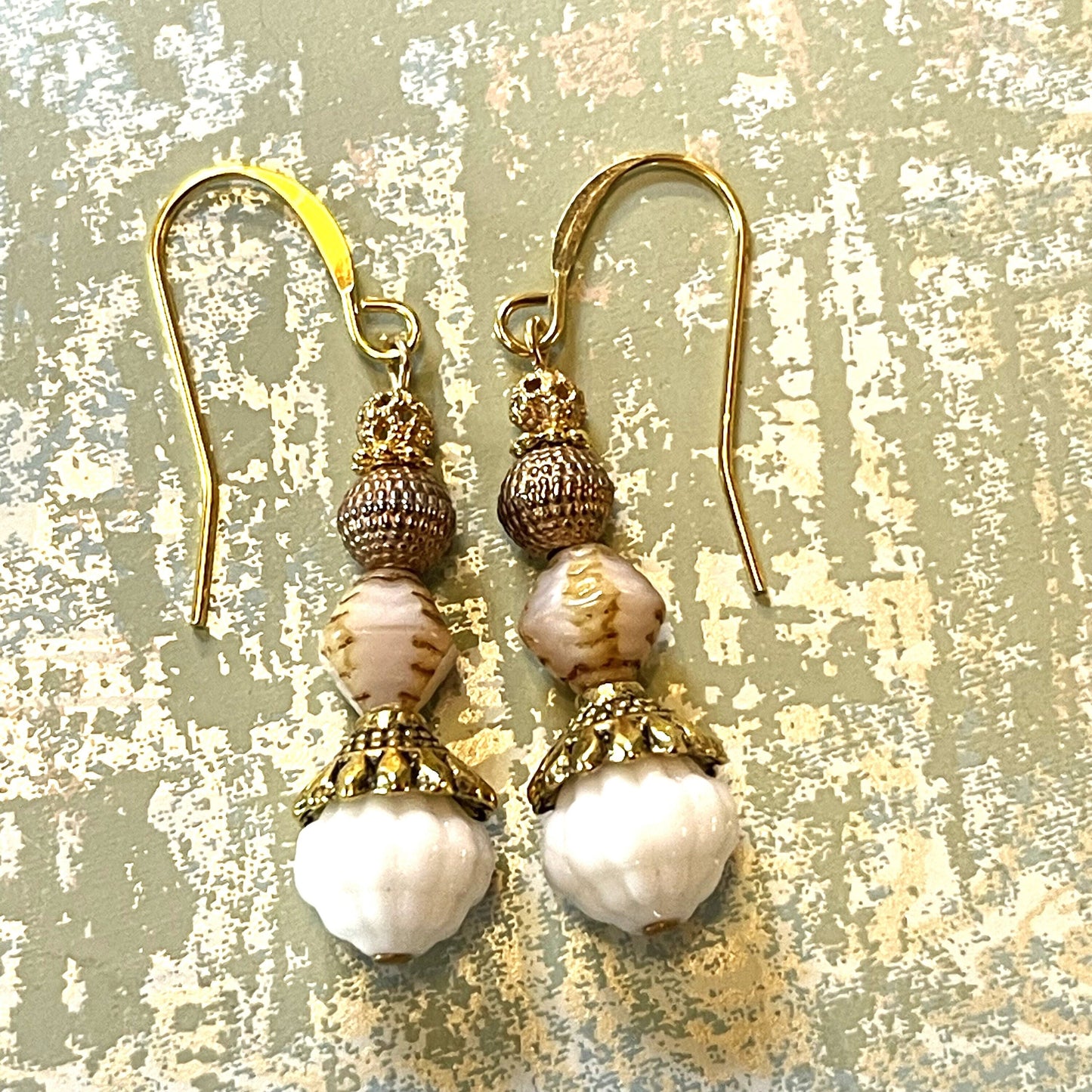 Vintage German White Textured Glass Beads with Gold Textured Metal. Hypoallergenic French Earring Hooks, Gold Plated Wire.
