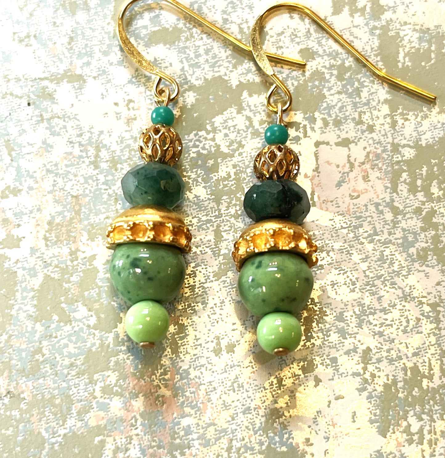 Vintage Green Glass with Gold Metal. Hypoallergenic French Earring Hooks, Gold Plated Wire.