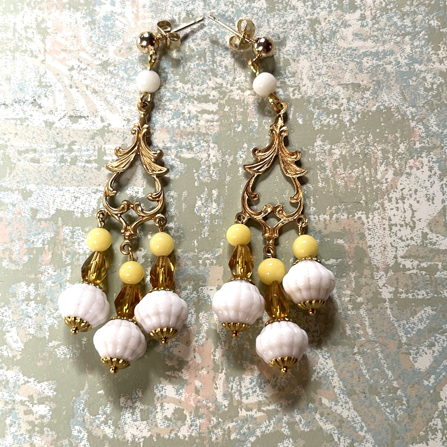 Glass Boho Earrings, 3 Glass Dangles With White and yellow Vintage German Beads . Hypoallergenic PostsBoho