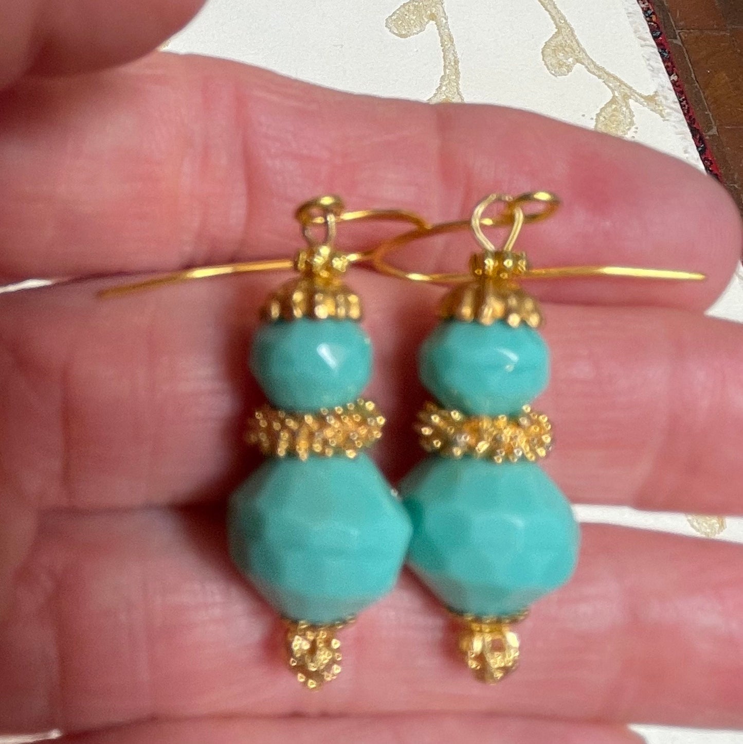 Premium Vintage Glass Turquoise Blue Glass With Gold vermeil Metal. Hypoallergenic French Earring Hooks, Gold Plated Wire