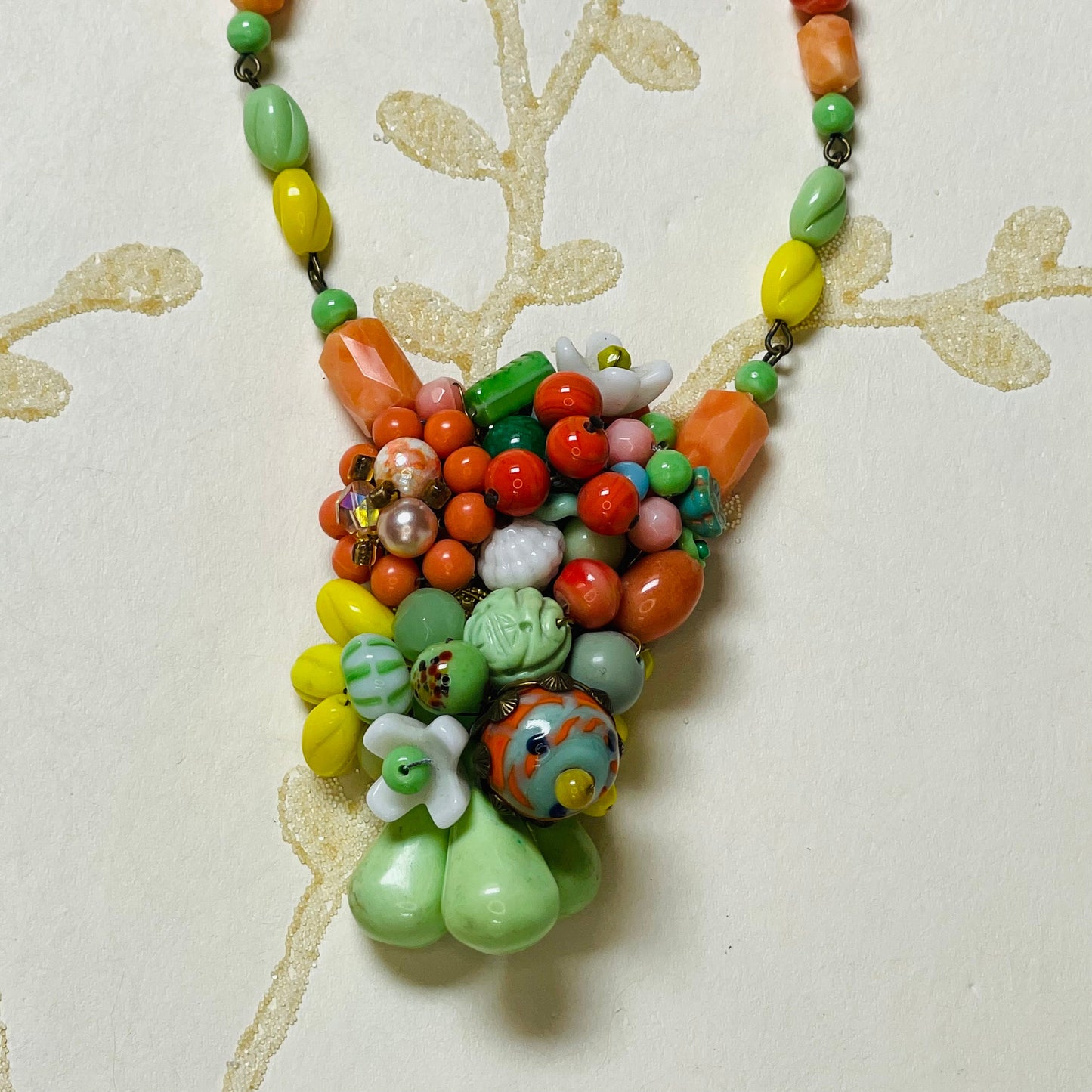 Miriam Haskell Style Necklace. Orange, Green, and Yellow. Used by the Haskell Designers in the 50s 60s. Mostly Japanese Cherry Brand.