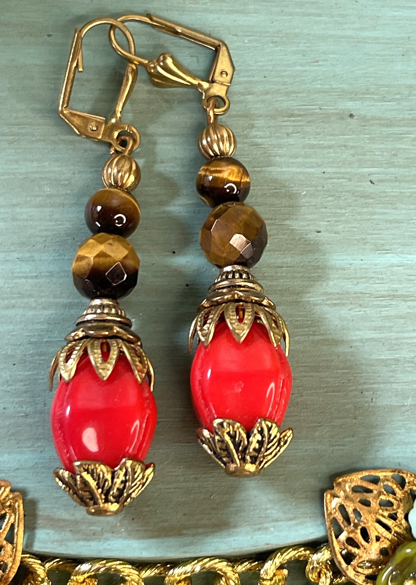 Red with bronze Czech Glass Earrings with exceptional Brass Bead Caps,Hypoallergenic French Earring Hooks, Gold Plated Wire