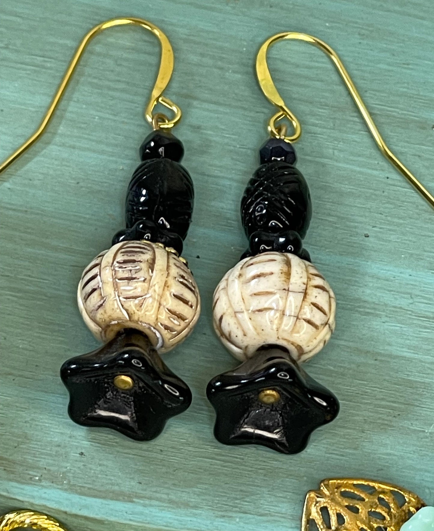 Vintage Earrings, Black, earth-tone carved beads, Czech glass. Hypoallergenic French Earring Hooks, Gold Plated Wire