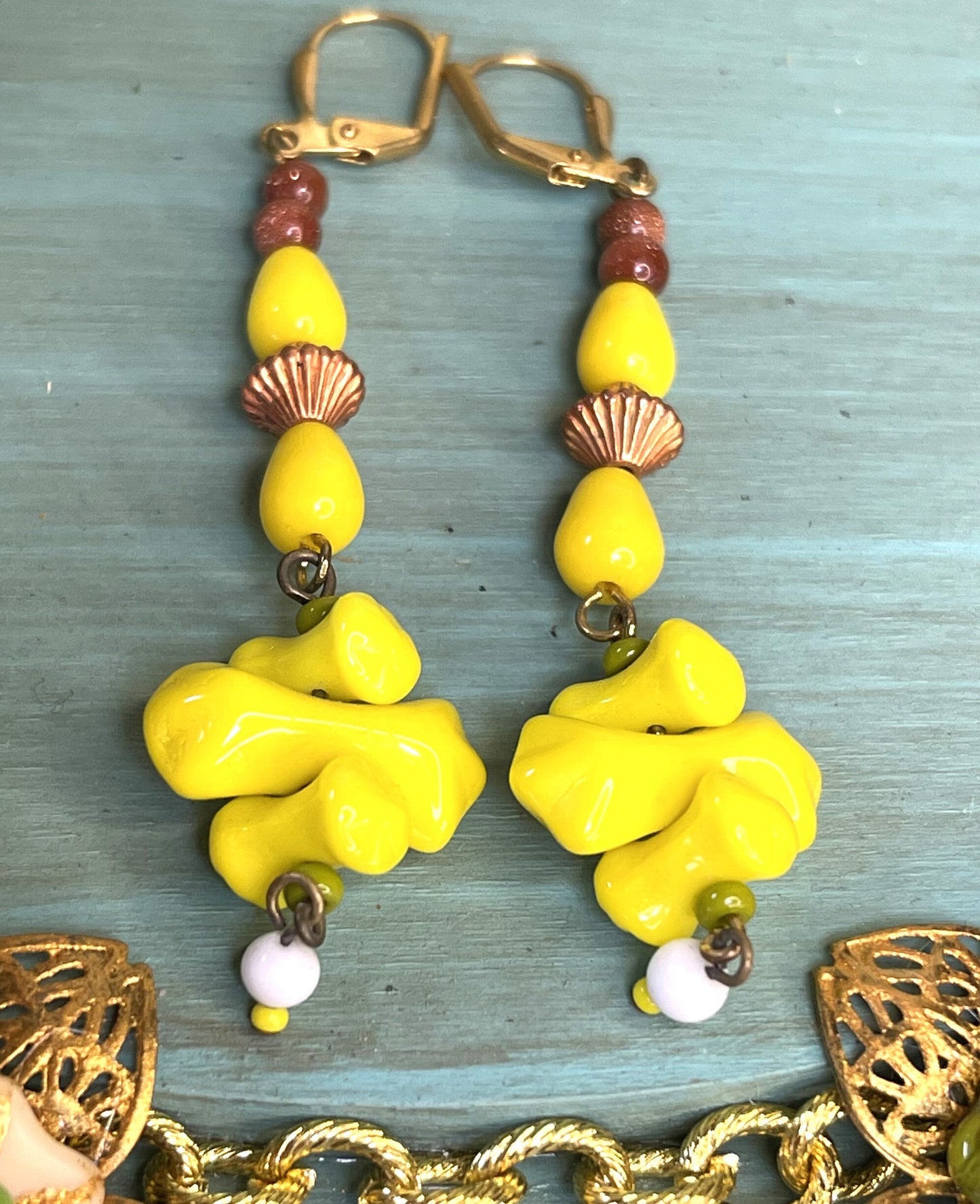 Vintage Earrings, Yellow and copper, Czech glass,Hypoallergenic French Earring Hooks, Gold Plated Wire