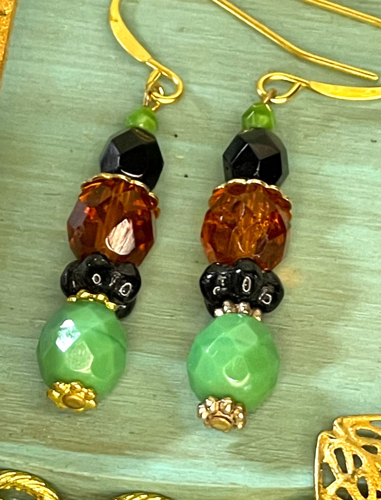 Black Amber and Green Czech Glass. Hypoallergenic French Earring Hooks, Gold Plated Wire