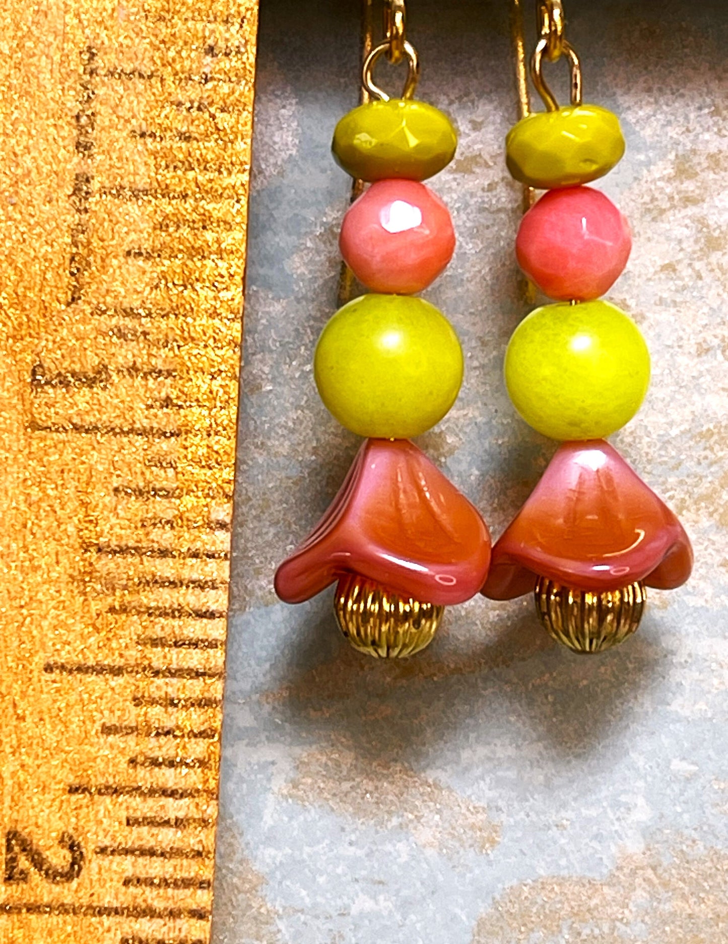 Vintage Flower Earrings, Green with pink Czech Glass. Hypoallergenic French Earring Hooks, Gold Plated Wire