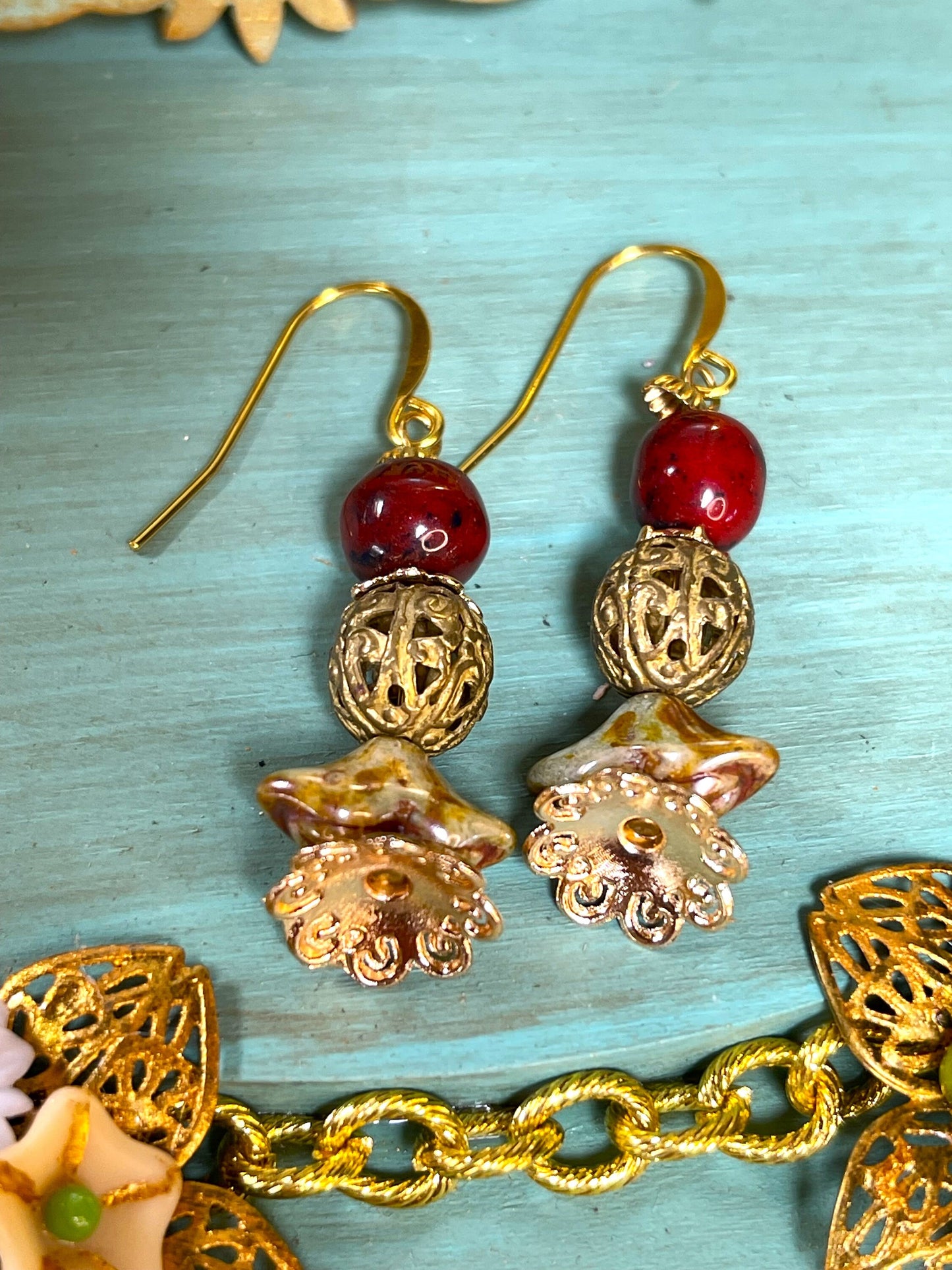Amber glass with fillagree brass bead Earrings. Hypoallergenic French Earring Hooks, Gold Plated Wire