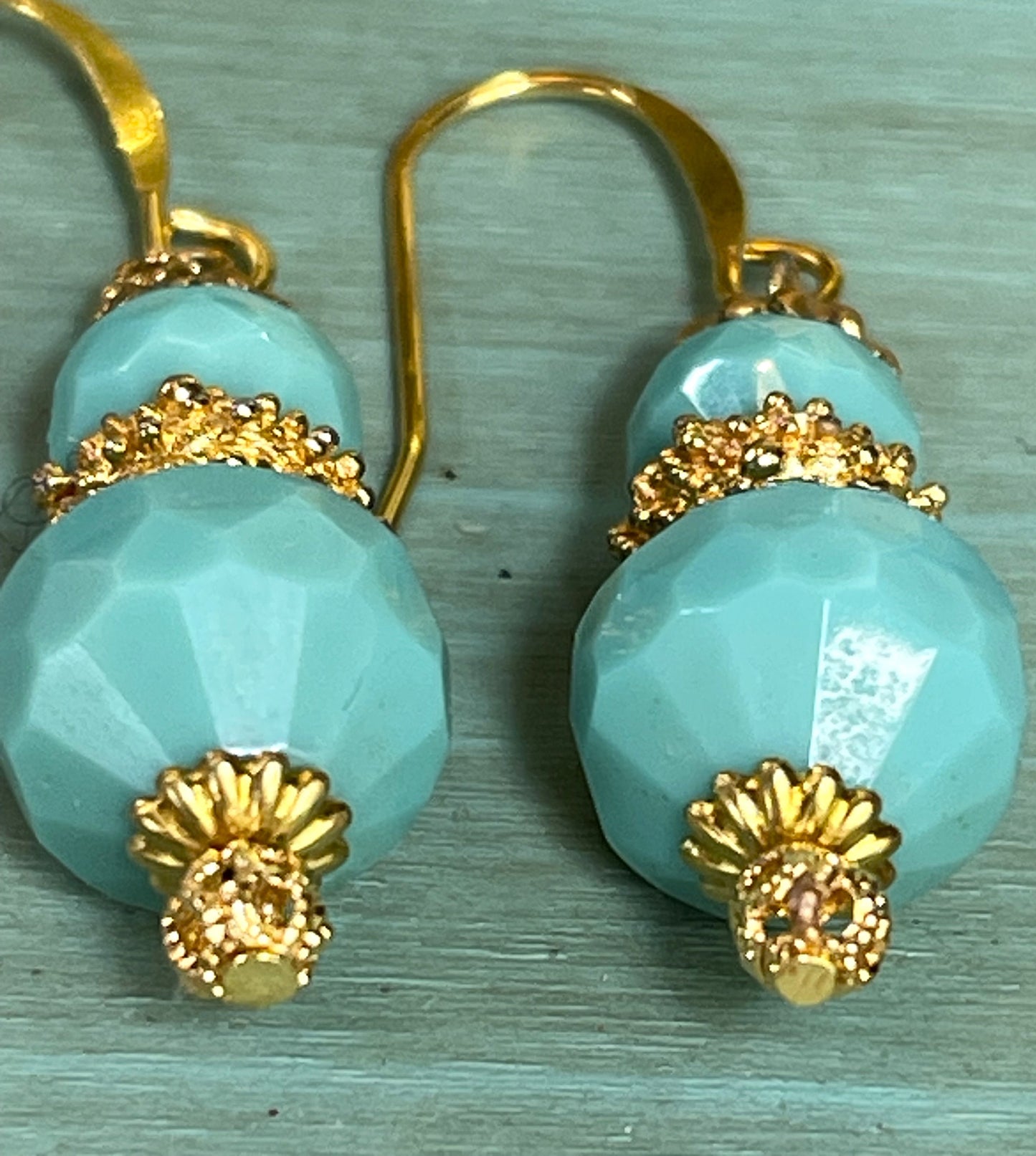Premium Vintage Glass Turquoise Blue Glass With Gold vermeil Metal. Hypoallergenic French Earring Hooks, Gold Plated Wire