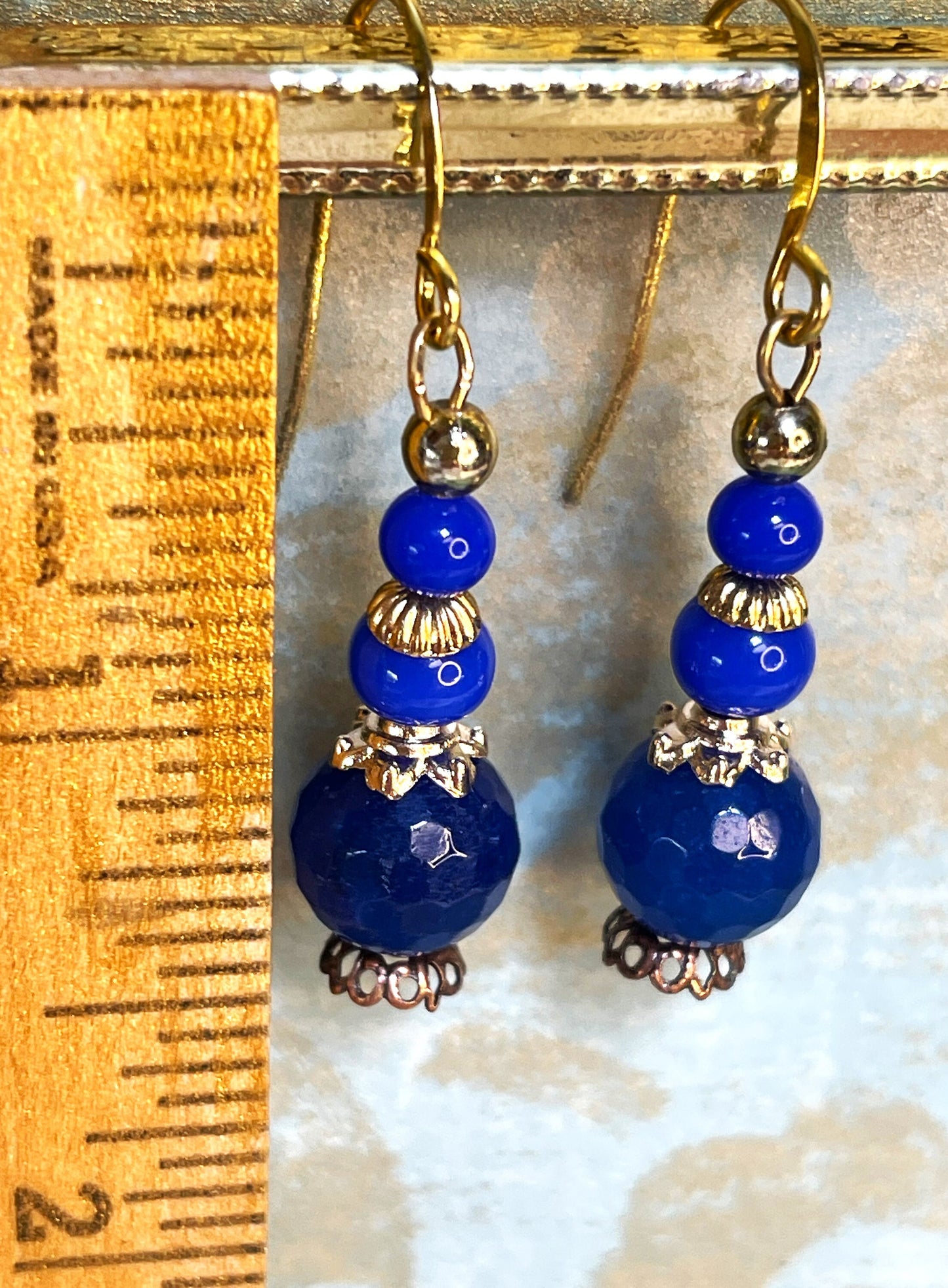 Vintage Earrings, Blue Vintage Czech Glass With brass Metal. Hypoallergenic French Earring Hooks, Gold Plated Wire