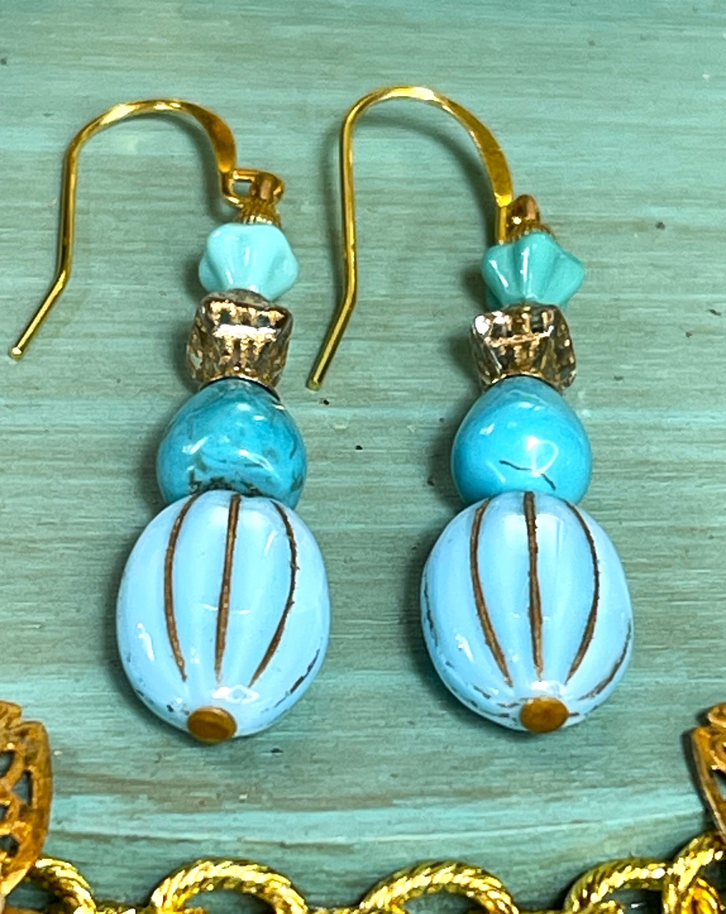 Premium Vintage Earrings, Blue Vintage Glass With brass Metal. Hypoallergenic French Earring Hooks, Gold Plated Wire