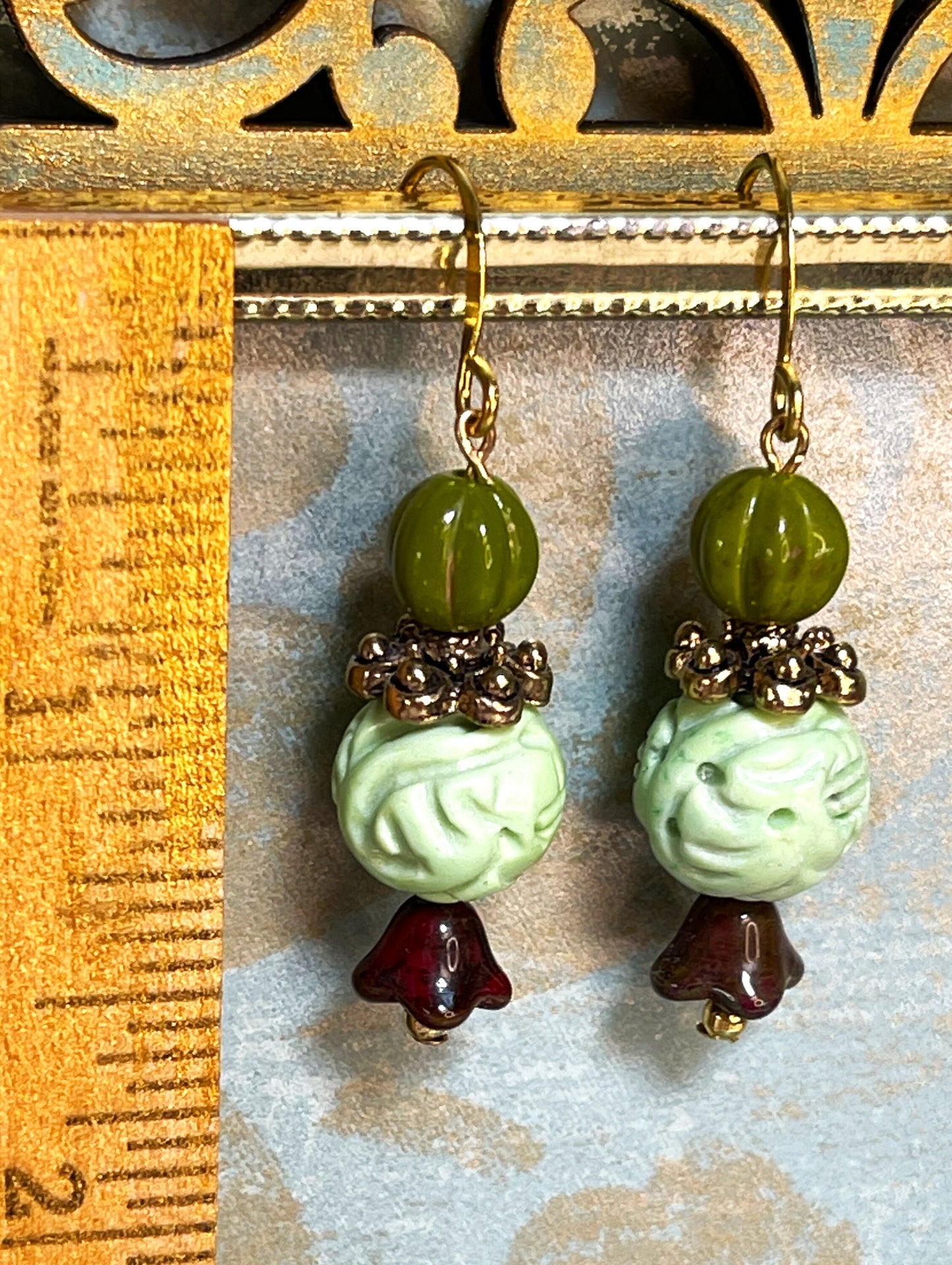 Vintage Glass Bead Earrings, Carved Green Vintage beads. Hypoallergenic French Earring Hooks, Gold Plated Wire..